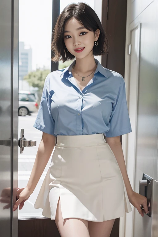 8k RAW photo, High resolution, 14 years old Korean, Very big round breasts, ribbon, Formal Shirt, Formal Skirt, Very thin mouth, Duck mouth, Grin,, intimidating pose, Beautiful eyes in every detail, Long eyelashes, Beautiful double eyelids, eye shadow, Long-term, Three white eyes, Beautiful slim legs, necklace, Earrings, short hair, The front door of a large company, Large corporate office
