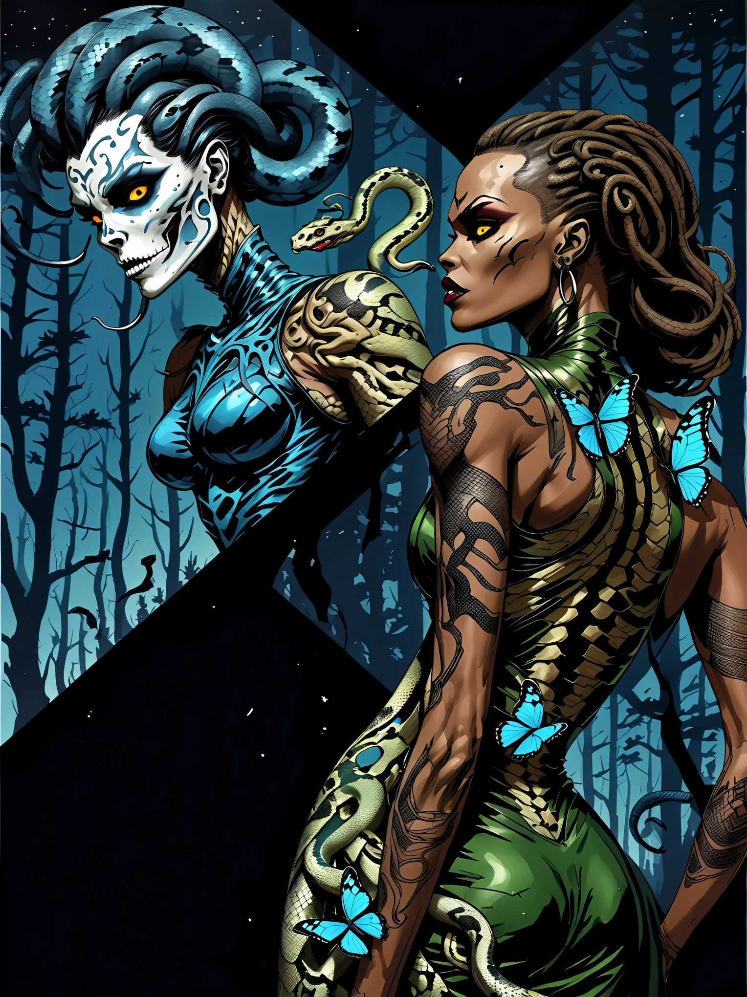 (Hyperrealistic: 1.3), athletic American goth woman, white woman,exposed breast, nude full body, (biomechanical:1.3), cables, implants, wet exposed skin, exposed abs, masterpiece, (dark: 1.3), darkness, low light, night, cinematic lighting, fil noir, highest quality, sexy woman,(enormous perky detailed breasts), feminine, symmetrical, highly detailed, gigapixel, fit, (sharp body), detailed body, on focus, gorgeous face, (black eye makeup), (black lipstick), tattoos, (black hair in dreadlocks), (Simon Bisley), (2000 a.d.), (ABC warriors), (Joe pineapples), ridged, grim, grimdark.