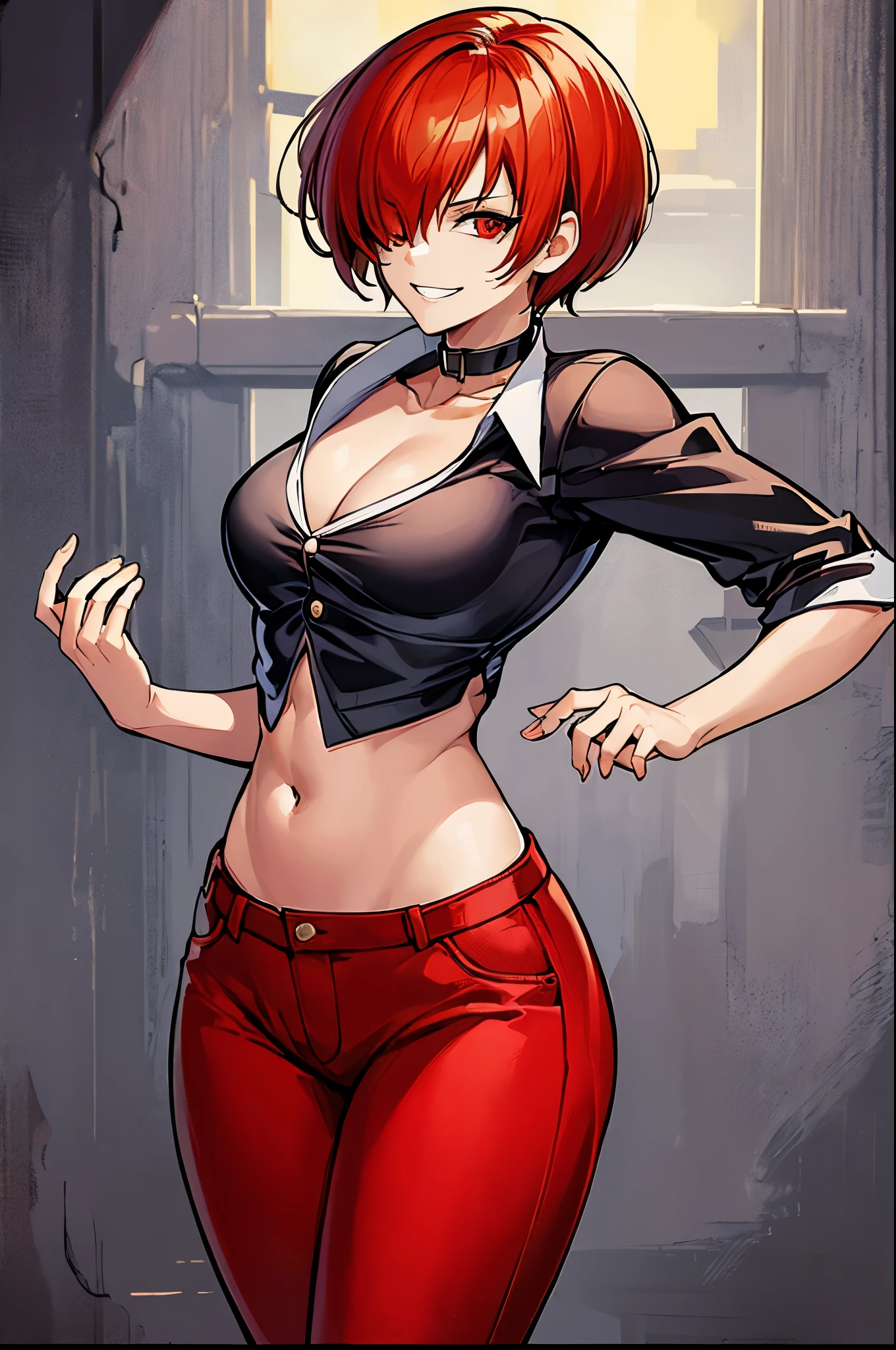 (masterpiece, best quality:1.2), expressive eyes, perfect face, highres, 1girl, solo, (female:1.5), short hair, red eyes, red hair, choker, black shirt, hair over one eye, grin, collar, red pants, standing, cowboy shot, looking at the viewer