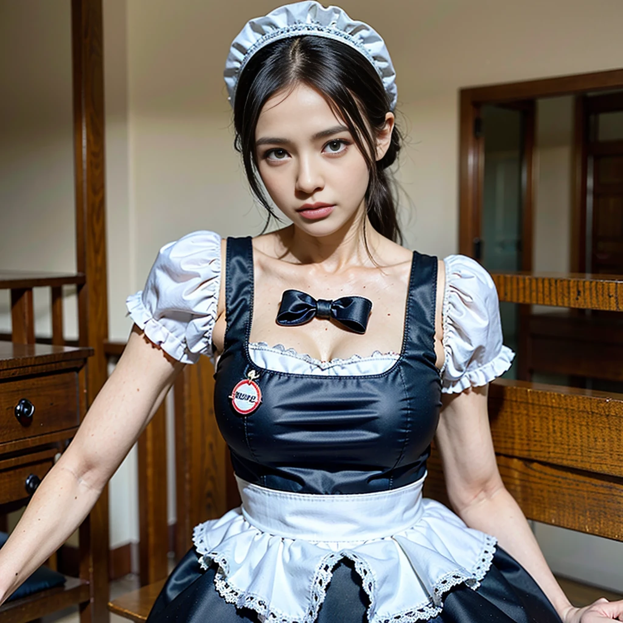 best quality, masterpiece,  franziskavkarma, solo, 1girl,,embarrassed, maid headdress, maid apron, maid, facing viewer, annoyed,