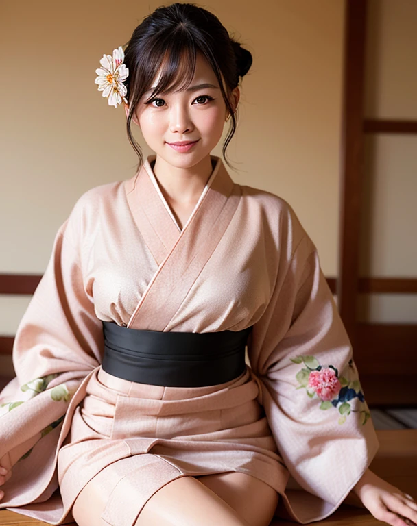 Teenage girl dressed in kimono having tea in front of door of old Japanese house