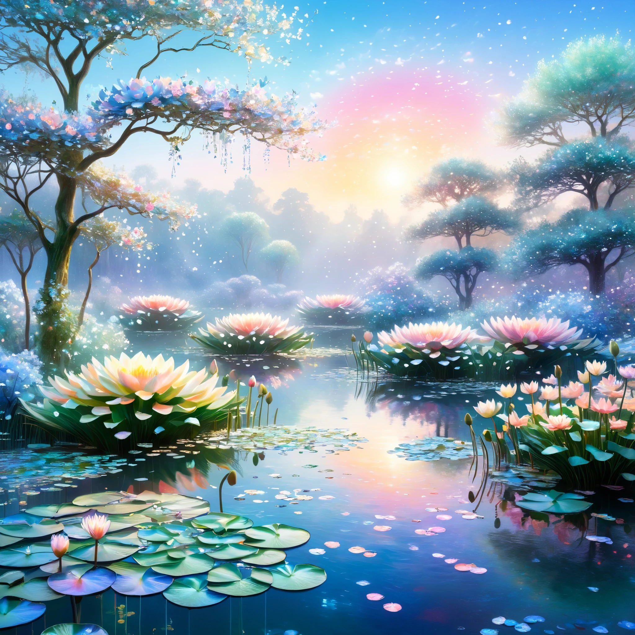 A Monet-inspired, impressionist Christmas garden blooms with shimmering, AI-generated light flowers and holographic water lilies, as a delicate, ambient orchestral score drifts through the ethereal, pastel-hued landscape.