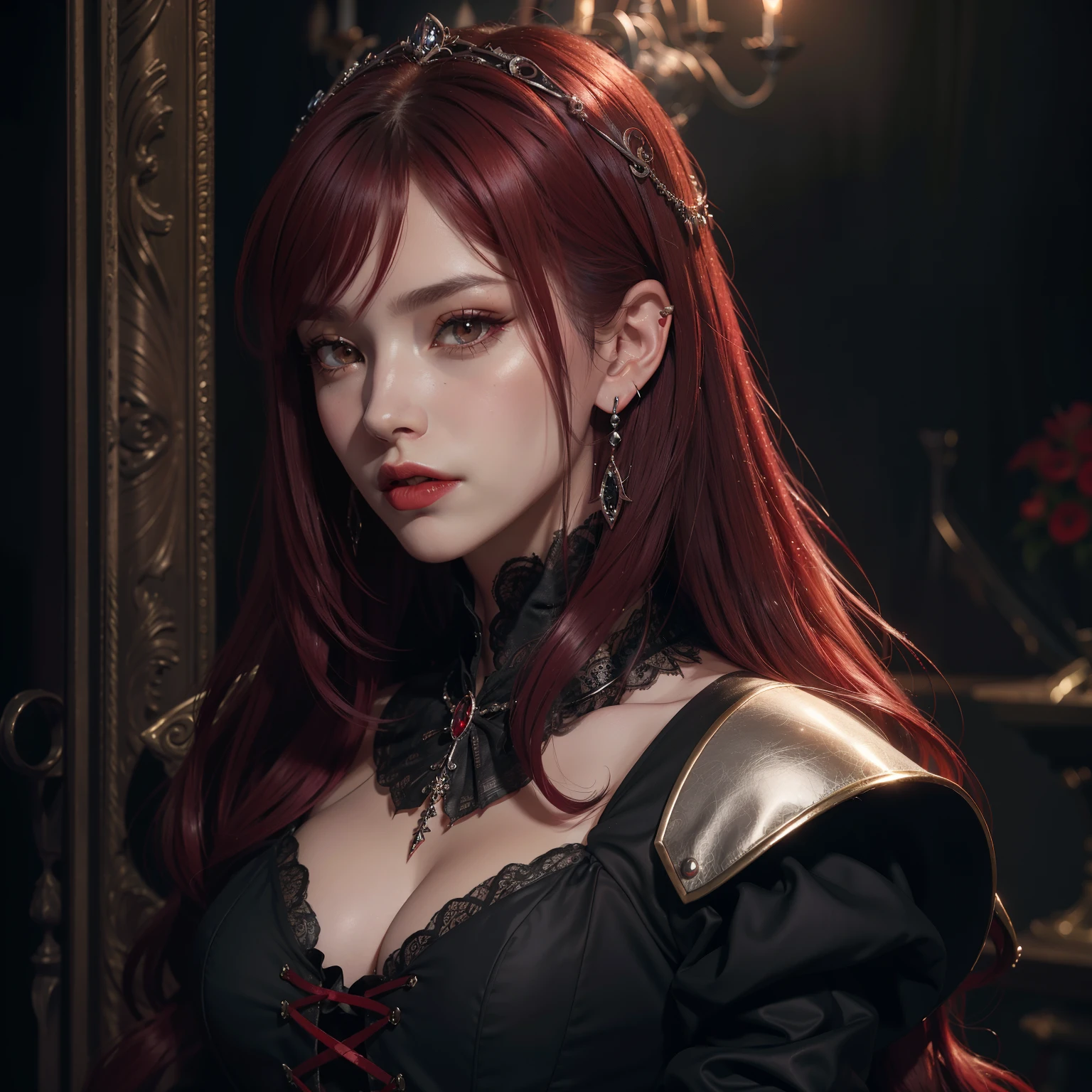 A portrait of a vampire with best quality, high-resolution, and ultra-detailed image rendering, boasting an HDR effect of 1.1 to accentuate the realistic yet mysterious atmosphere. The vampire's enchanting gaze is conveyed through beautiful, intricately detailed eyes and lips, framed by cascading dark red hair styled in bangs. Her attire is an exquisitely dark and elegant vampire dress, adorned with a corset and metallic silver accessories. The elfin pointed ears she sports are accentuated by equally detailed silver earrings.
The portrait exudes an aura of enigma, thanks to the subtle, soft lighting that illuminates