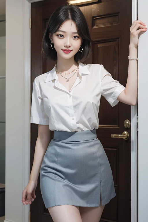 8k RAW photo, High resolution, 14 years old Korean, Very big round breasts, ribbon, Formal Shirt, Formal Skirt, Very thin mouth, Duck mouth, Grin,, intimidating pose, Beautiful eyes in every detail, Long eyelashes, Beautiful double eyelids, eye shadow, Long-term, Three white eyes, Beautiful slim legs, necklace, Earrings, short hair, The front door of a large company, Large corporate office