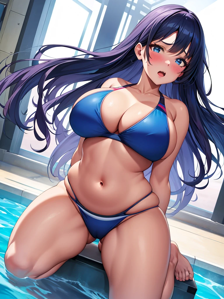 masterpiece, ultra-detailed, best quality, extremely detailed, 8k, high res, realistic, 1girl, 18yo, beautiful girl, (half closed eyes),(narrowed eyes:1.2),(open mouth), (blush:1.2),(competitive swimwear:1.4),blue beautiful eyes, medium bob hair, (asymmetrical parted bangs), (dark blue beautiful hair),BREAK, (voluptuous bust:1.3),navel exposed,looking at viewer,white background, full body