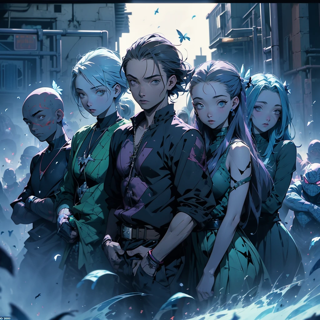 A group of young men being taken by a photo, there is a tall man with long samurai-style hair and dark clothes , a man with medium length hair of white color and white color, a humanoid being of green color with green fire, a woman with white hair and black clothes,