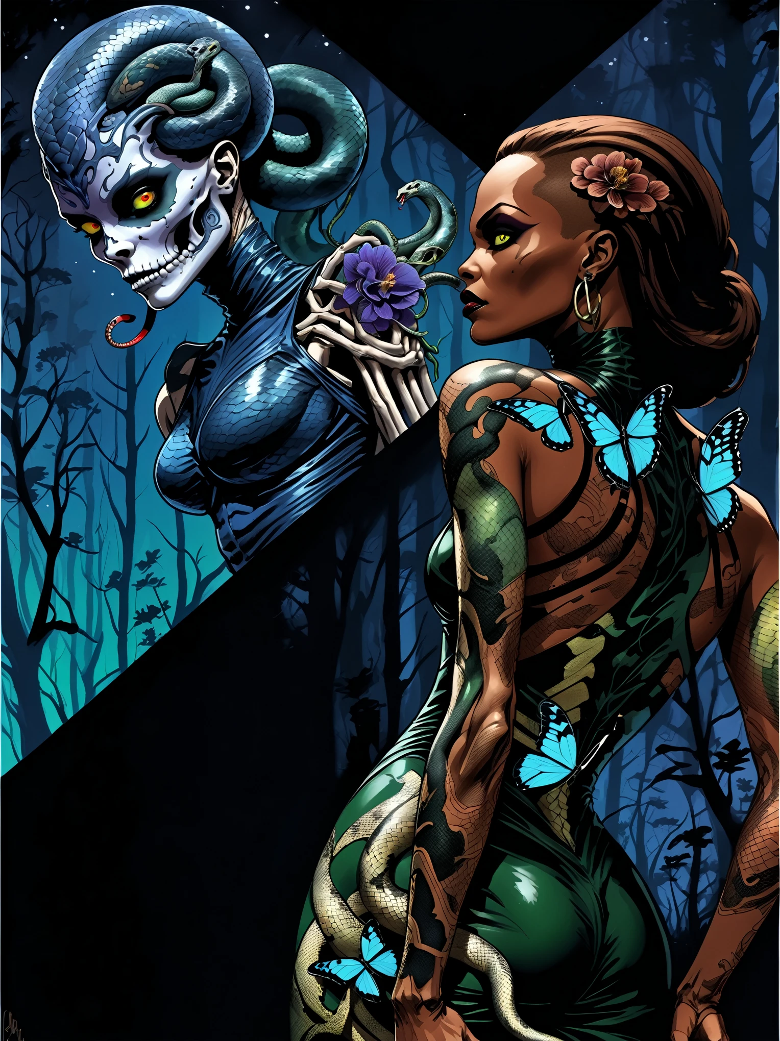Medusa, a different shade of blue, showcase intricate ornate ominous blue butterfly skeleton tattoo on back musculature, detailed precise accurate blue butterfly tattoo, splash page decompressed comic cover art, ink style figure,((expressive Joelle Jones and "Sean Gordon Murphy" comic drawing)), wordless, cinematic poster, double exposure, optical illusion, image within image, abyss void black no visibility darkness, full length portrait, (background, pine barrens, entropy, rewilding, magic hour sunset, galaxy stars, cosmos), (horror, abstract, surreal, body, cosmic), candid, snake skin dress, body anatomy drawn Frederic Delavier musculature anatomical illustration, (face, ornate black metal corpse paint, resembles Grace Jones), (body, Naga, snakefolk, lower body snake tail, snake woman hybrid, bald, hairless, skeleton, snake skin tattoos, piercing eyes, snake pupils, over the shoulder), (colors, bleak muted deep fiery radiant glowing ROYGBIV, forest green, earth brown), craftsmanship nuance, (Gerardo Zaffino charcoal), subliminal orchids, nyctophobia, silhouette
