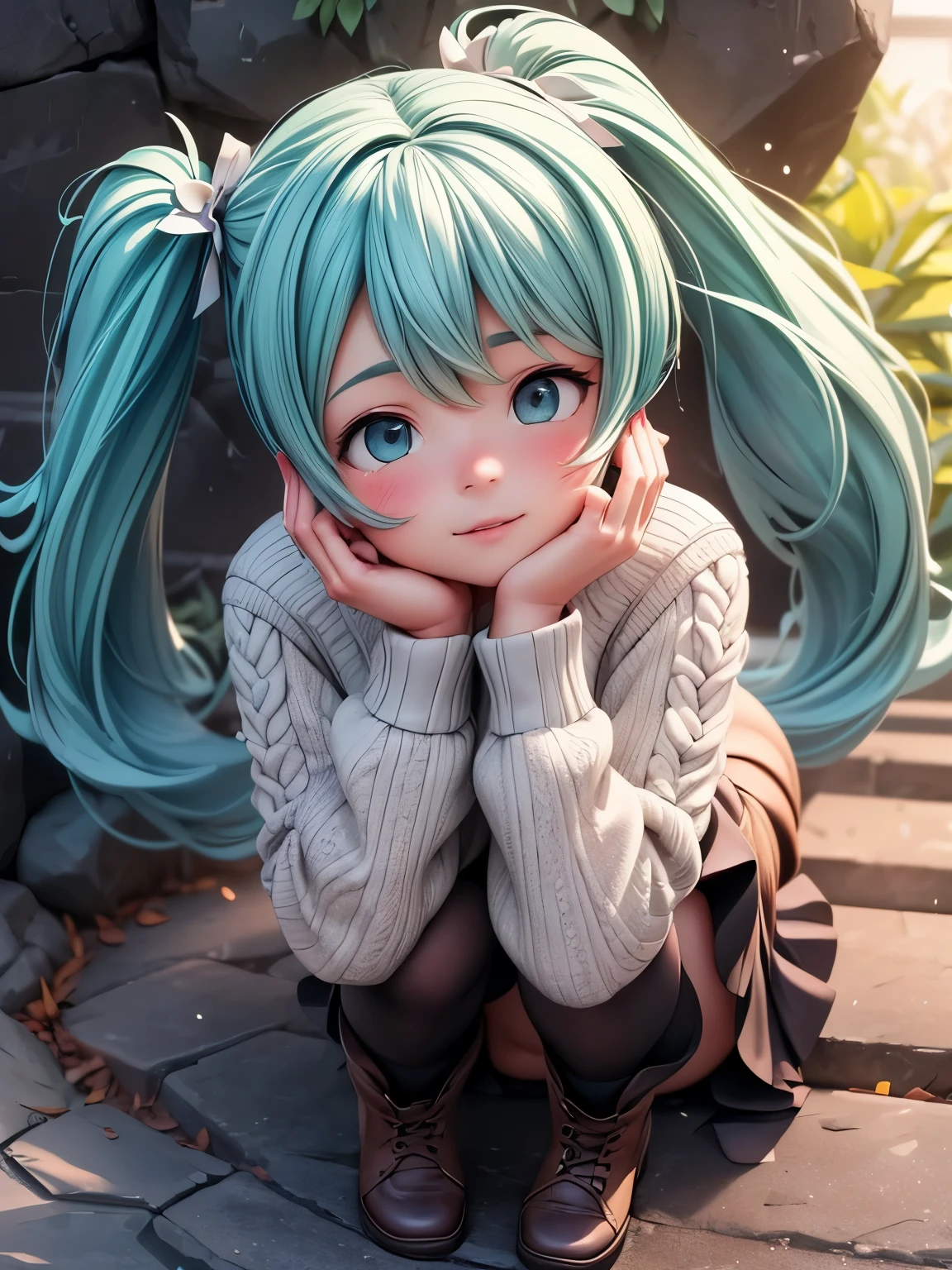 (masterpiece、最high quality、最high quality、Official Art、Beautiful and beautiful:1.2)、(One girl:1.3)Hatsune Miku、Twin tails,Big Breasts,(Random Porn Pose),(Random Hairstyles),(Best image quality,(8k),Ultra-realistic,最high quality, high quality, High resolution, high quality texture,Attention to detail,Beautiful details,Fine details,Highly detailed CG,Detailed Texture,Realistic facial expression,masterpiece,Presence),sweater,Tight mini skirt,stockings,Engineer boot