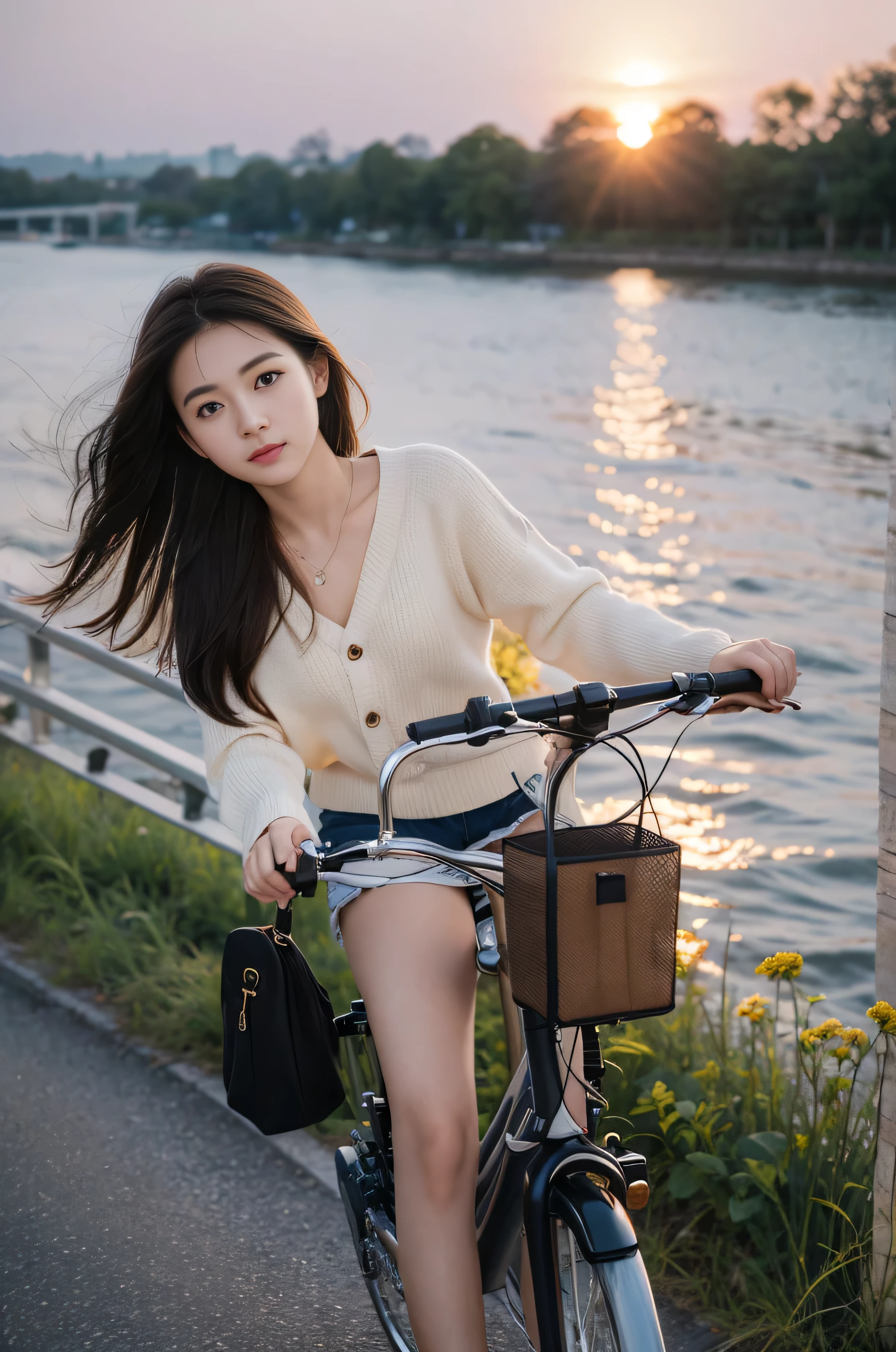 20 year old cute woman、table top, highest quality, Portrait of one girl、Pores and skin texture can be checked with high resolution、A walk along the bank in the evening、Plain color、sunset、SLR camera image quality、pushing a bicycle by hand