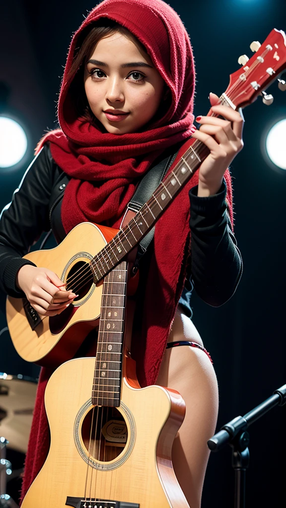 Create a single image of an outstanding realistic of a red hijab girl with a guitar on her hand, background: music concert