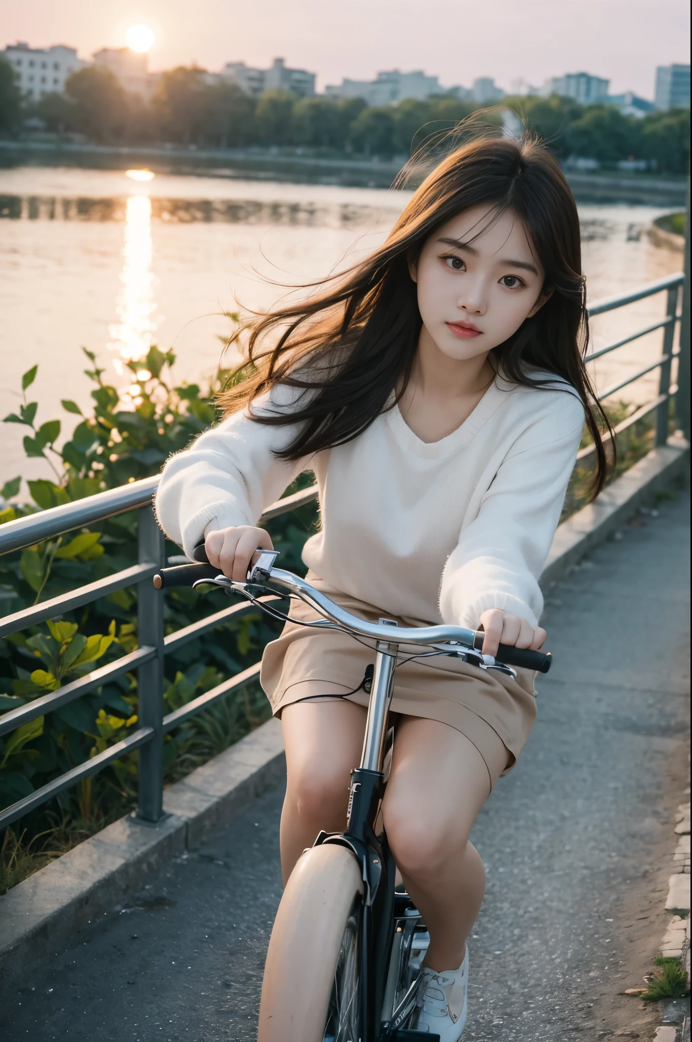 20 year old cute woman、table top, highest quality, Portrait of one girl、Pores and skin texture can be checked with high resolution、A walk along the bank in the evening、Plain color、sunset、SLR camera image quality、pushing a bicycle by hand