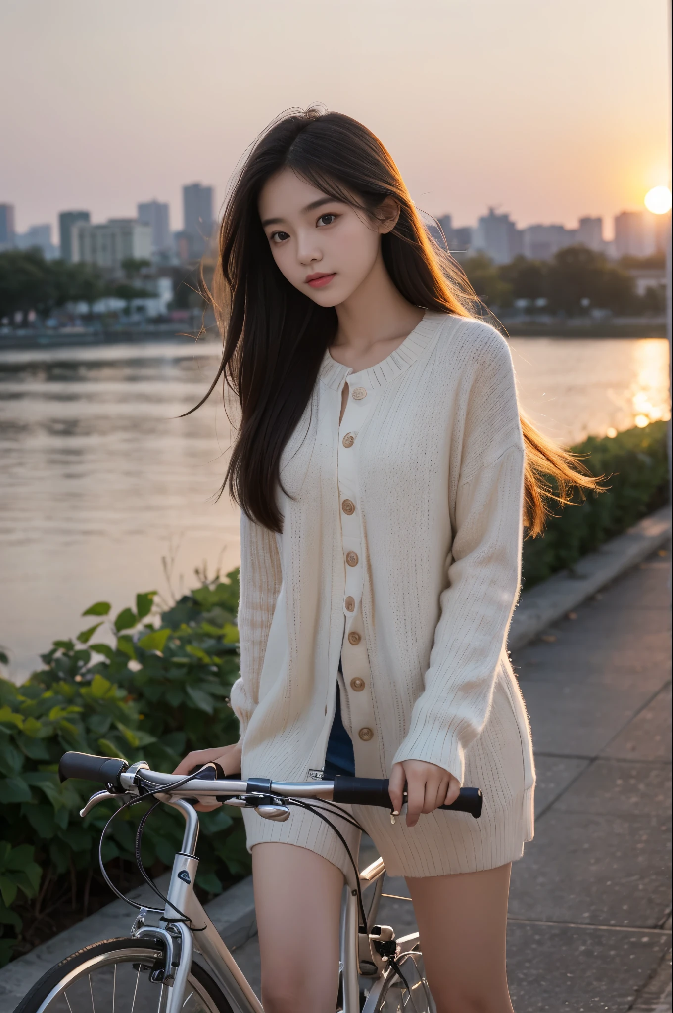 20 year old cute woman、table top, highest quality, Portrait of one girl、Pores and skin texture can be checked with high resolution、A walk along the bank in the evening、Plain color、sunset、SLR camera image quality、pushing a bicycle by hand