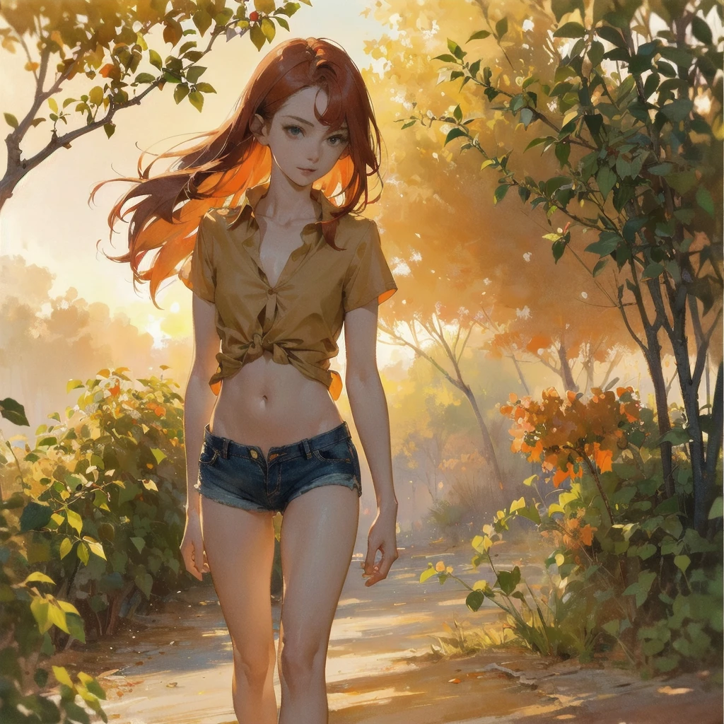 Beautiful slender thin exquisite (nude) girl with a perfect face of the southern type with red hair with delicate beautiful expressive breasts with tender nipples barefoot with bare hips ((with red pubic hairs)) ((in an unbuttoned open light orange shirt over his naked body and short light orange shorts)) walks along a brick road in the middle of a flowering field ((with a glass of wine)), in a gentle watercolor style, Discreet shades, sfumato, haze, diffused dim light, delicate mint shades, imitation of film photography, (olive and grape groves, Brick Road), (High image quality, Maximum detail), (sunset lighting, Warm evening shades, warm golden and olive sunset light)