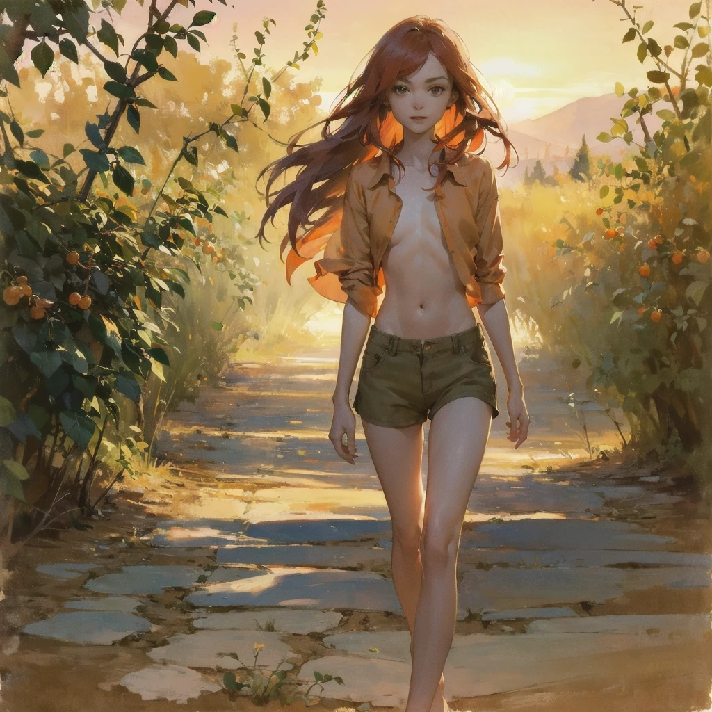 Beautiful slender thin exquisite (nude) girl  with a perfect face of the southern type with red hair with delicate beautiful expressive breasts with tender nipples barefoot with bare hips ((with red pubic hairs)) ((in an unbuttoned open light orange shirt over his naked body and short light orange shorts)) walks along a brick road in the middle of a flowering field ((with a glass of wine)), in a gentle watercolor style, Discreet shades, sfumato, haze, diffused dim light, delicate mint shades, imitation of film photography, (olive and grape groves, Brick Road), (High image quality, Maximum detail), (sunset lighting, Warm evening shades, warm golden and olive sunset light)