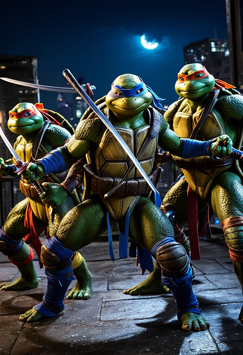 best quality,ultra-detailed,realistic,photorealistic:1.37,HDR,UHD,studio lighting,sharp focus,physically-based rendering,extreme detail description,professional, vibrant colors,bokeh,portraits The age Mutant Ninja Turtles, a group of four humanoid turtles trained in the art of ninjutsu, find themselves facing off against a clan of evil ninjas in a dark and gritty fight scene. Assisting them in their battle is their newest ally, Blue Butterfly, a female humanoid with incredible skills and powers. The scene is set on a rooftop in a bustling city. The dimly lit rooftop is decorated with neon signs, casting a colorful glow over the area. The air is filled with tension as the ninjas silently face each other, poised for a deadly exchange of blows. Blue Butterfly stands prominently among the turtles, taking her position as a central figure. Her blue wings, resembling those of a butterfly, add an element of elegance to the scene. Her eyes, lips, and face are exquisitely detailed, capturing her unique beauty and strength. The turtles, each with their distinct weapons and personalities, are ready for battle. Their shells glisten in the moonlight, highlighting their finely crafted armor. Leonardo wields his katana, while Donatello brandishes his bo staff. Michelangelo unleashes his nunchucks with finesse, and Raphael wields his sai with deadly accuracy. The evil ninjas, dressed in black from head to toe, emanate an aura of danger. Their detailed masks conceal their identities, leaving only their intense eyes visible. They wield an array of weapons, from swords to shurikens, ready to strike at a moment's notice. The fight takes place in the narrow and shadowy confines of an alleyway adjacent to the rooftop. The limited space adds to the intensity of the battle, as the combatants leap, dodge, and engage in close-quarters combat. The walls are adorned with weathered graffiti, adding a gritty and urban aesthetic to the scene. The overall color palette of the image is ri