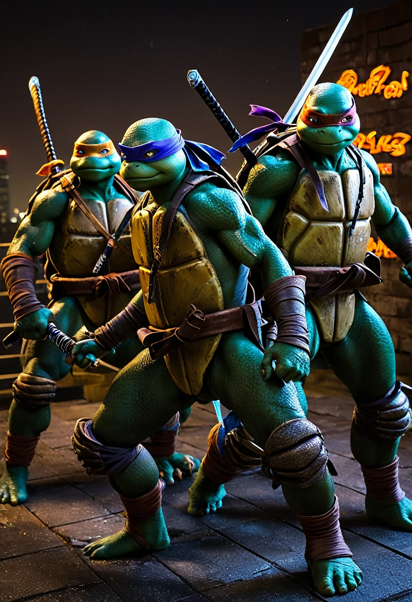 best quality,ultra-detailed,realistic,photorealistic:1.37,HDR,UHD,studio lighting,sharp focus,physically-based rendering,extreme detail description,professional, vibrant colors,bokeh,portraits The Teenage Mutant Ninja Turtles, a group of four humanoid turtles trained in the art of ninjutsu, find themselves facing off against a clan of evil ninjas in a dark and gritty fight scene. Assisting them in their battle is their newest ally, Blue Butterfly, a female humanoid with incredible skills and powers. The scene is set on a rooftop in a bustling city. The dimly lit rooftop is decorated with neon signs, casting a colorful glow over the area. The air is filled with tension as the ninjas silently face each other, poised for a deadly exchange of blows. Blue Butterfly stands prominently among the turtles, taking her position as a central figure. Her blue wings, resembling those of a butterfly, add an element of elegance to the scene. Her eyes, lips, and face are exquisitely detailed, capturing her unique beauty and strength. The turtles, each with their distinct weapons and personalities, are ready for battle. Their shells glisten in the moonlight, highlighting their finely crafted armor. Leonardo wields his katana, while Donatello brandishes his bo staff. Michelangelo unleashes his nunchucks with finesse, and Raphael wields his sai with deadly accuracy. The evil ninjas, dressed in black from head to toe, emanate an aura of danger. Their detailed masks conceal their identities, leaving only their intense eyes visible. They wield an array of weapons, from swords to shurikens, ready to strike at a moment's notice. The fight takes place in the narrow and shadowy confines of an alleyway adjacent to the rooftop. The limited space adds to the intensity of the battle, as the combatants leap, dodge, and engage in close-quarters combat. The walls are adorned with weathered graffiti, adding a gritty and urban aesthetic to the scene. The overall color palette of the image is ri