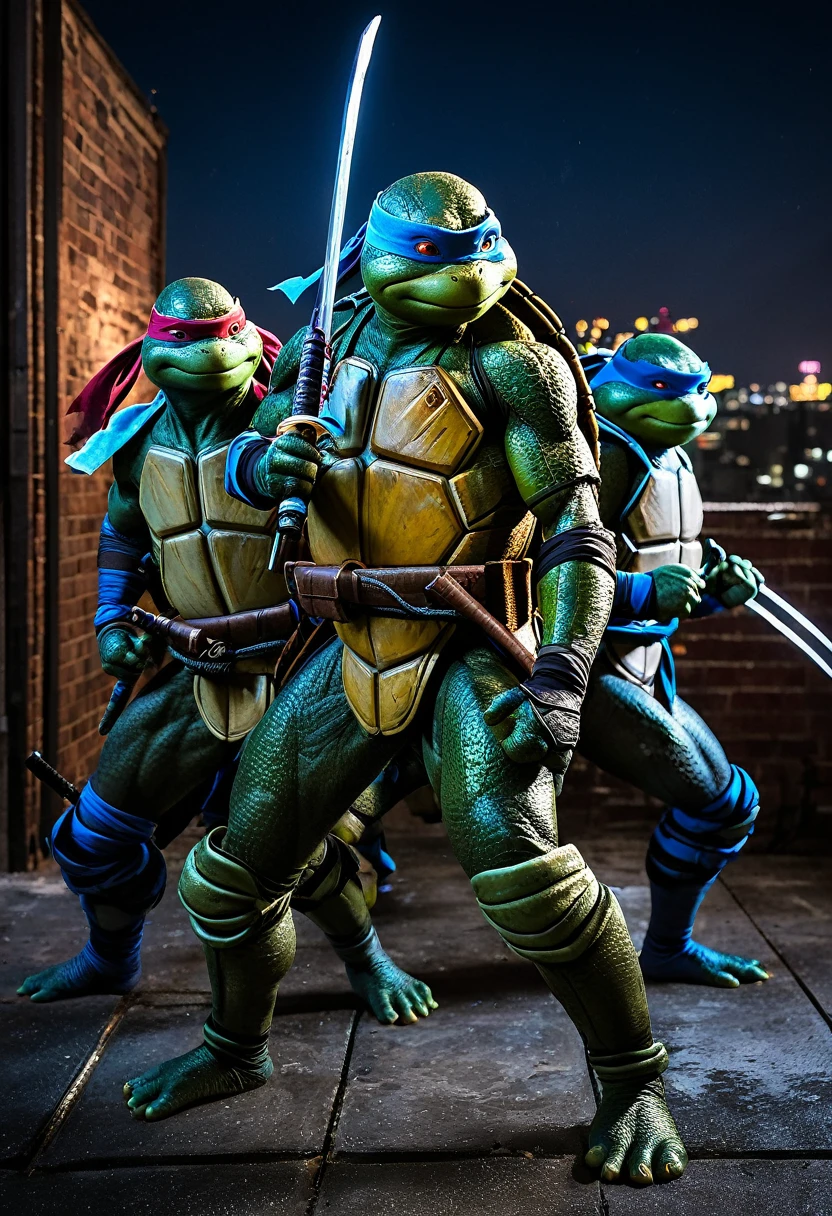 best quality,ultra-detailed,realistic,photorealistic:1.37,HDR,UHD,studio lighting,sharp focus,physically-based rendering,extreme detail description,professional, vibrant colors,bokeh,portraits The Teenage Mutant Ninja Turtles, a group of four humanoid turtles trained in the art of ninjutsu, find themselves facing off against a clan of evil ninjas in a dark and gritty fight scene. Assisting them in their battle is their newest ally, Blue Butterfly, a female humanoid with incredible skills and powers. The scene is set on a rooftop in a bustling city. The dimly lit rooftop is decorated with neon signs, casting a colorful glow over the area. The air is filled with tension as the ninjas silently face each other, poised for a deadly exchange of blows. Blue Butterfly stands prominently among the turtles, taking her position as a central figure. Her blue wings, resembling those of a butterfly, add an element of elegance to the scene. Her eyes, lips, and face are exquisitely detailed, capturing her unique beauty and strength. The turtles, each with their distinct weapons and personalities, are ready for battle. Their shells glisten in the moonlight, highlighting their finely crafted armor. Leonardo wields his katana, while Donatello brandishes his bo staff. Michelangelo unleashes his nunchucks with finesse, and Raphael wields his sai with deadly accuracy. The evil ninjas, dressed in black from head to toe, emanate an aura of danger. Their detailed masks conceal their identities, leaving only their intense eyes visible. They wield an array of weapons, from swords to shurikens, ready to strike at a moment's notice. The fight takes place in the narrow and shadowy confines of an alleyway adjacent to the rooftop. The limited space adds to the intensity of the battle, as the combatants leap, dodge, and engage in close-quarters combat. The walls are adorned with weathered graffiti, adding a gritty and urban aesthetic to the scene. The overall color palette of the image is ri
