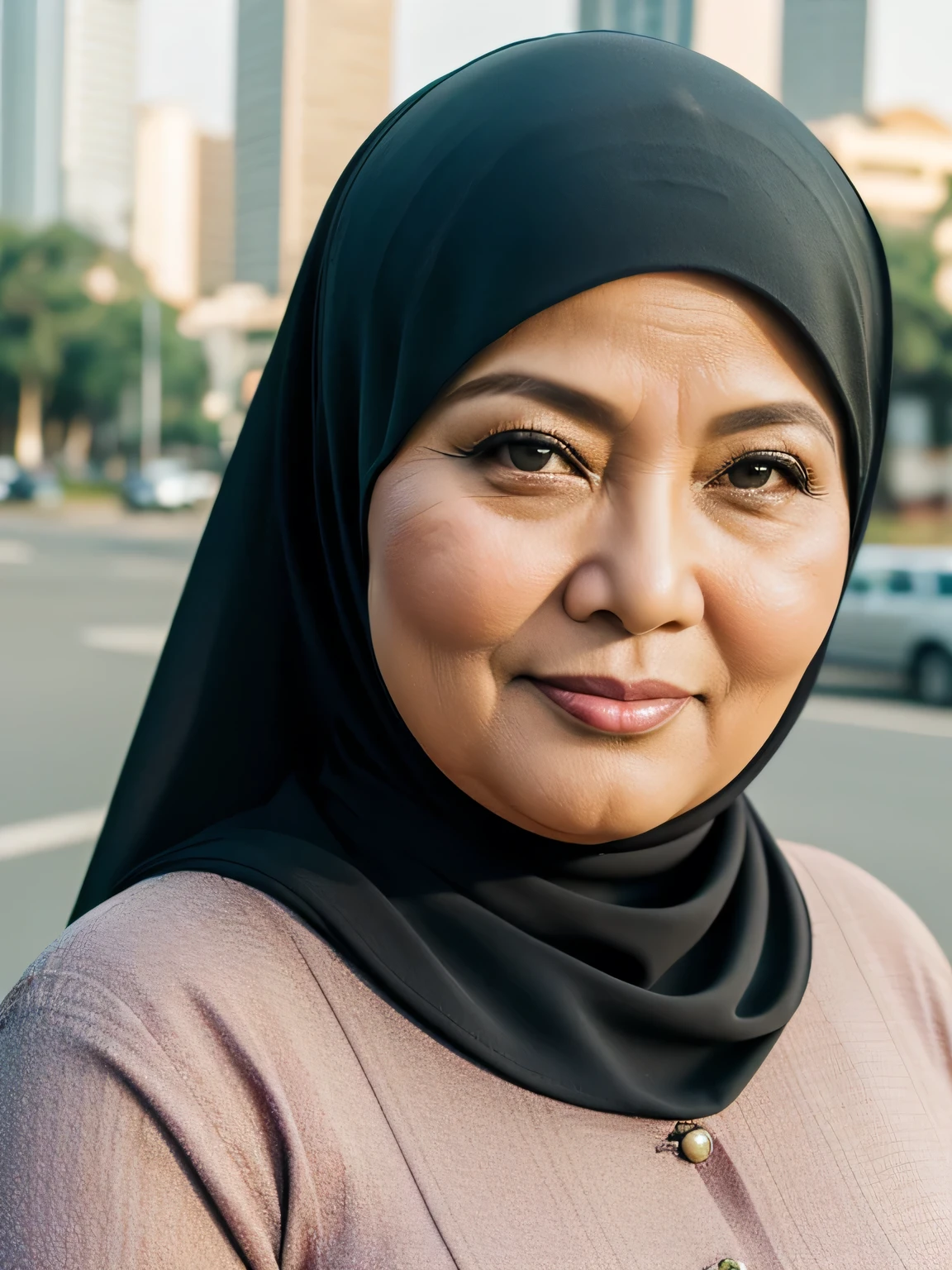 (Realistic) ((Sexy Hijab)) (real mature face) (old beauty) 62 Years old fat Brunei mature woman, sexy curvy, (sexy chubby body shape), Big : 34.9, (old woman in Jakarta) soft smile, facing at camera, half body - professional photography with excellent lighting. Outdoor. Dynamic background.