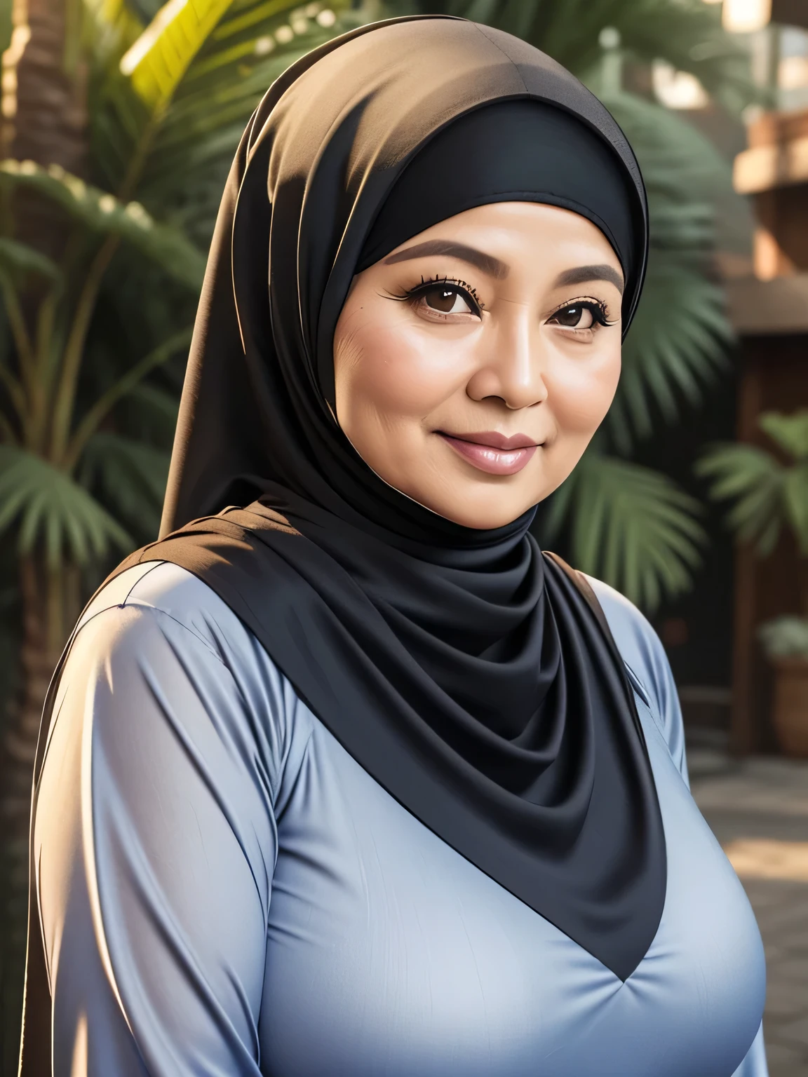 (Realistic) ((Sexy Hijab)) (real mature face) (old beauty) 62 Years old fat Brunei mature woman, sexy curvy, (sexy chubby body shape), Big : 34.9, (old woman in Jakarta) soft smile, facing at camera, half body - professional photography with excellent lighting. Outdoor. Dynamic background. 
