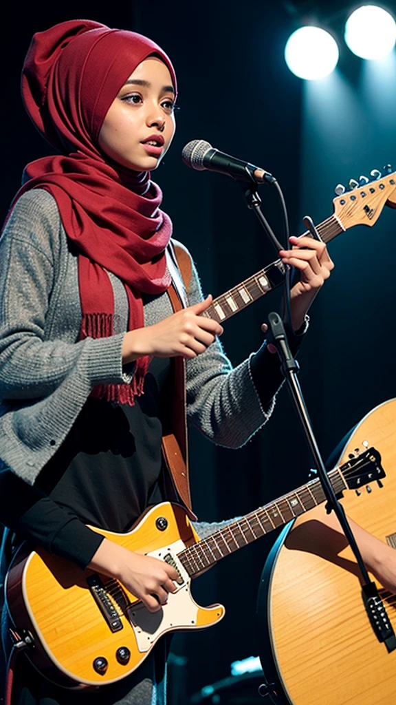 Create a single image of an outstanding realistic of a hijab girl with a guitar on her hand, background: music concert