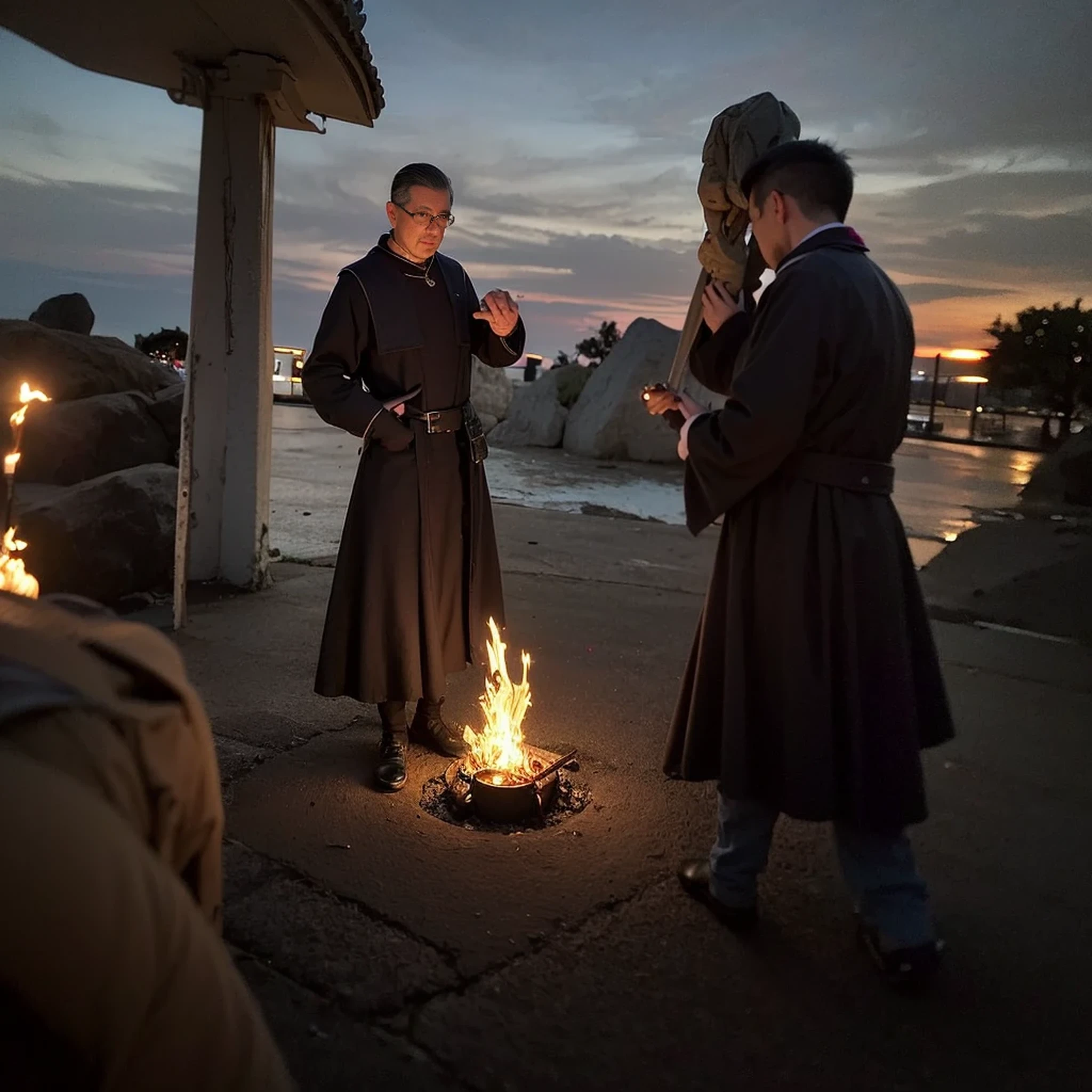 Medium plan.Torches. historically accurate Spanish priests 1400's, 8k, wide shot, cinematic composition, volumetric light, high detail, 8k, hdr, realistic, photography, angry and violent men, sunlight, cinematic, photorealistic, cinematic lighting, cinematic filter, sharp focus, teaching Naive Americans Christianity