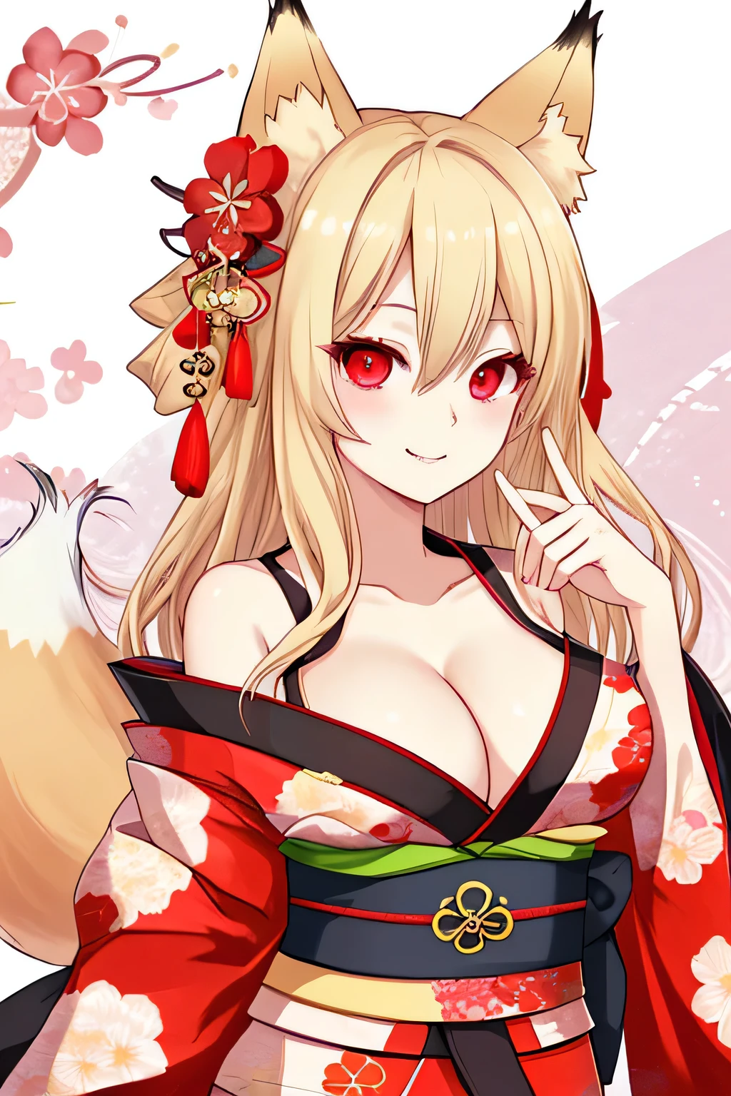 highest quality、Big Breasts、Cleavage、Fox ears、Long blonde、Red Eye、kimono、smile