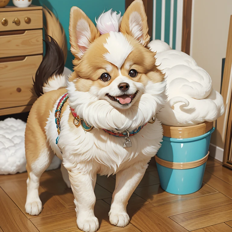 Araffe dog standing on the floor with his head held high, and pastel by Maksimilijan Vanka, flickr, sosaku made, Pomeranian, fluffy, Pomeranian mix, fluffy orange belly, small dog, cuddly dog”, happy wise man. He has a bouncy belly, fluffy!!! , smiling cheerfully at the camera,