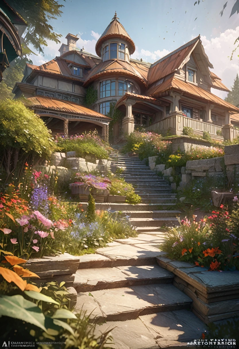 Ultra-Real 8K, Super detailed, ((no man)), (Hyper Detail, Dynamic Camera), (Wide-angle), (Vivid colors and saturation), (Trending on Artstation),anime style, garden, Outdoor, Western style, Luxury House