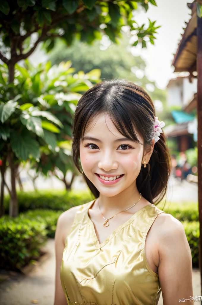 beautiful detail, best quality, 8k, highly detailed face and skin texture, high resolution, cute asian girl in thai traditional dress with smile at street, sharp focus