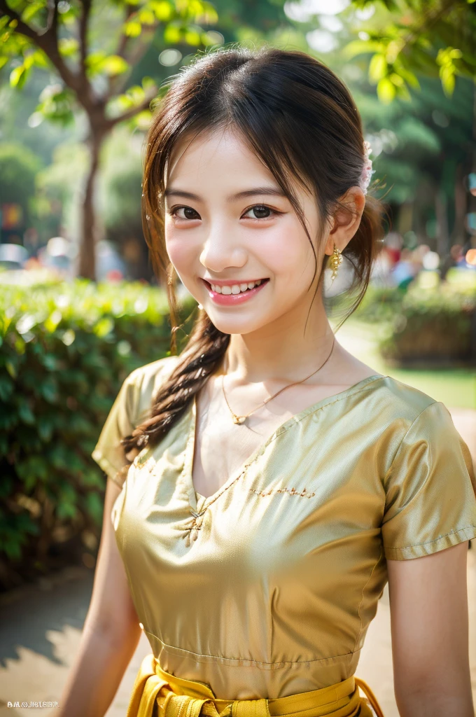 beautiful detail, best quality, 8k, highly detailed face and skin texture, high resolution, cute asian girl in thai traditional dress with smile at street, sharp focus