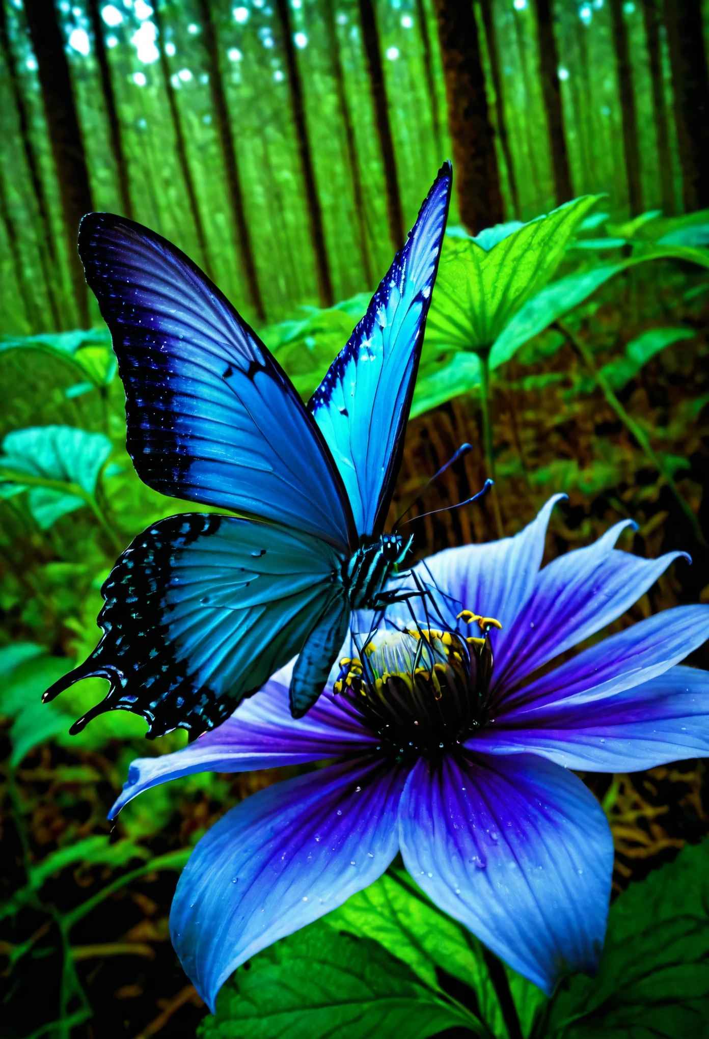 blue butterfly, on a blue/purple/white flower，in dark forest，evil，Depth of Field，Tentacles