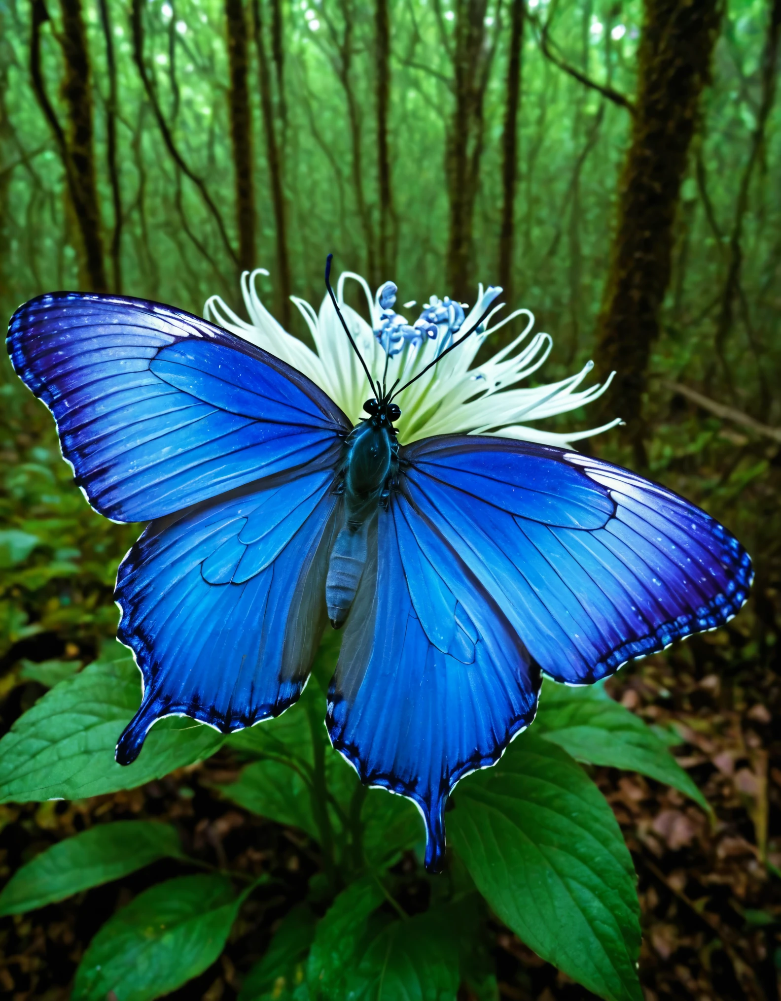 blingbling blue butterfly, on a blue/purple/white flower，in dark forest，evil，Depth of Field，Tentacles，blur background