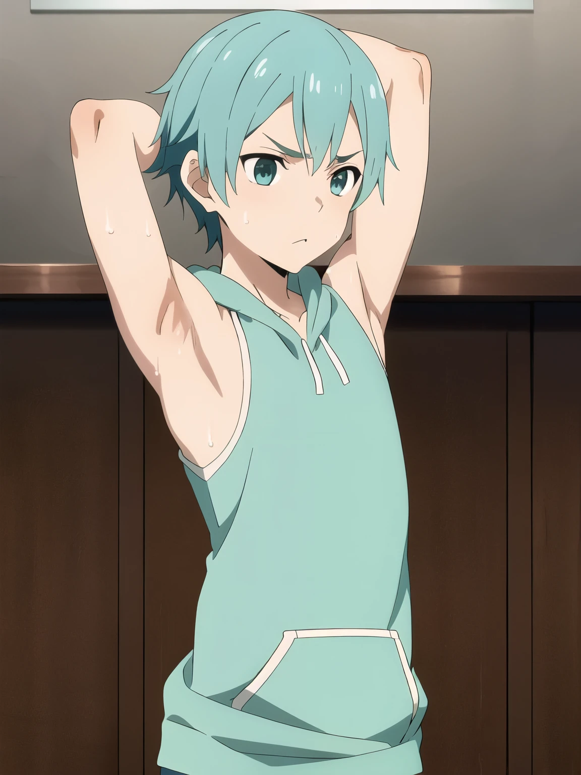 Ultra sharp, Highres, Masterpiece, Best quality at best,Best Quality,hight quality, hight detailed, 1boy, aqua hair, Shota, Sweat, Sleeveless hoodie, Black sleeves, Upper body, Depth of field, Anime Screencap Style, Seen from front, Cute boy, (Showing armpit:1.3), (very small and short stature), (very young boy), s, Blurry beckground