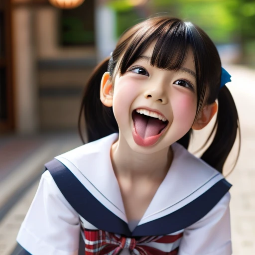 Japanese,,Ahegao,Ecstasy face,Summer Sailor Uniform,mini skirt,whole body,Look Up,Open your mouth wide,Sticking out tongue,cute
