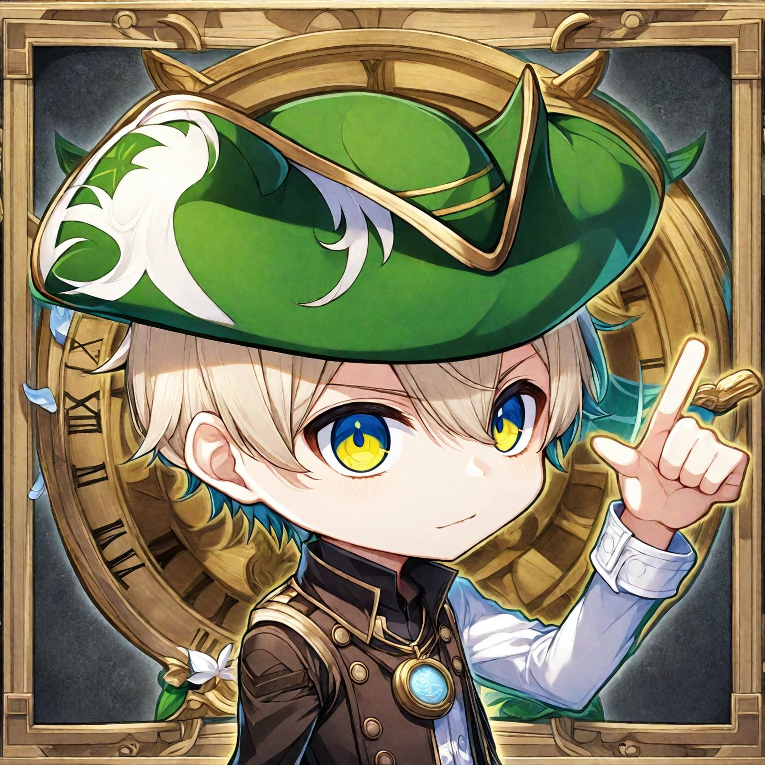 （（（The background is pitch black:1.5）））,Wearing a green hat with arabesque pattern,The index finger of the left hand points to the 2 o&#39;clock position on the clock.,Only one person,Anime Boy, It fits perfectly on the screen,MapleStory character art, From 1 piece, Jairo Zepelli, Little, trigger anime art style, Official character art, Michel Othello, Vargui art style, a pirate, Whole character!, main character, Prussia, MapleStory Indiana Jones, Sanji, pirate, Inspired by Junpei Sato, Official Art