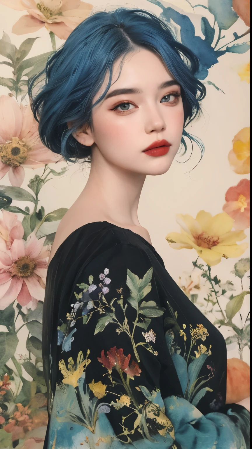 a watercolor painting of a woman with long black hair and a black dress, 2 girl with blue hair, style of charlie bowater, jen bartel, in style of charlie bowater, woman with flat hair, in style of anna dittmann, charlie bowater rich deep colors, inspired by Jeremiah Ketner, Inspired by Harumi Hiỉonaka, golden ratio. 
