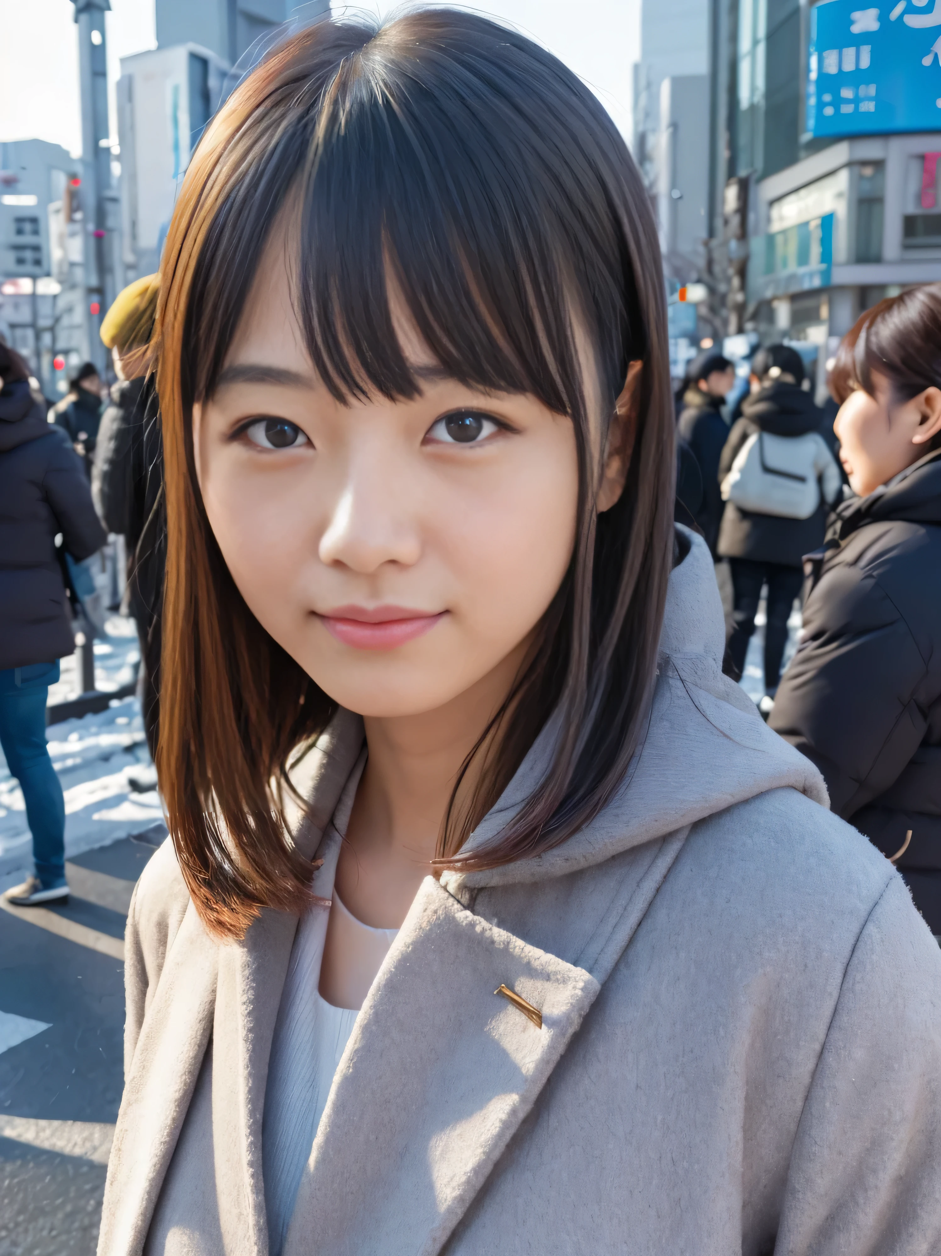 photorealistic, 8k full-length portraits, Beautiful woman, A charming expression, Clear system, 20-year-old, Tokyo, winter, Shibuya in the background