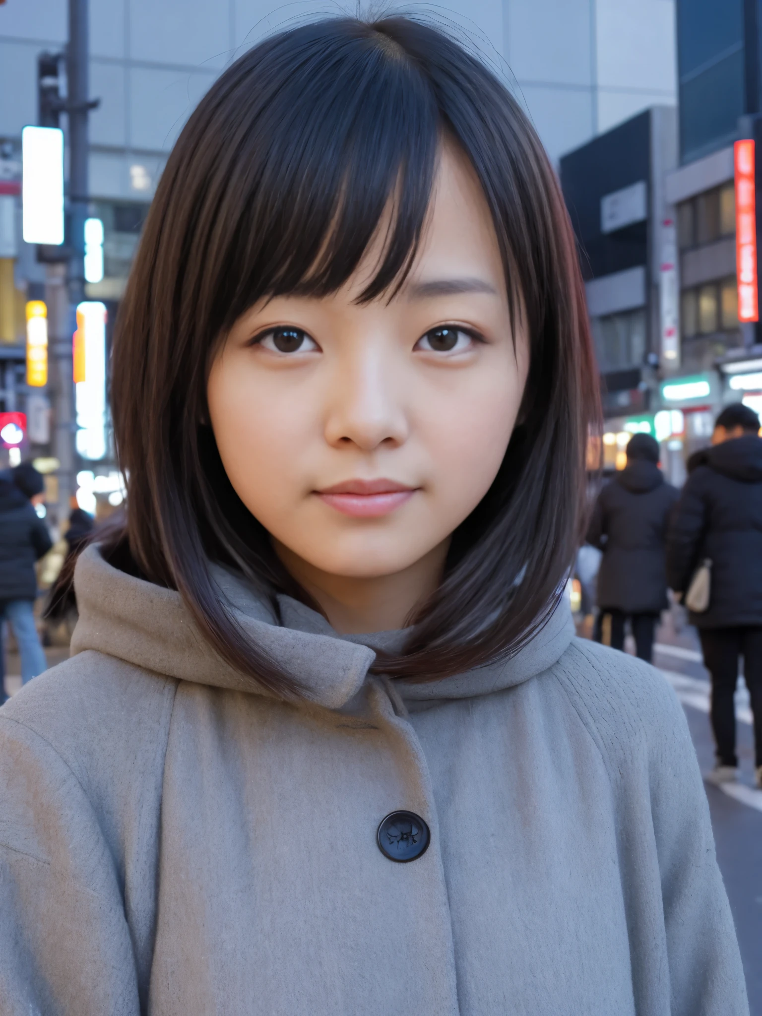 photorealistic, 8k full-length portraits, Beautiful woman, A charming expression, Clear system, 20-year-old, Tokyo, winter, Shibuya in the background