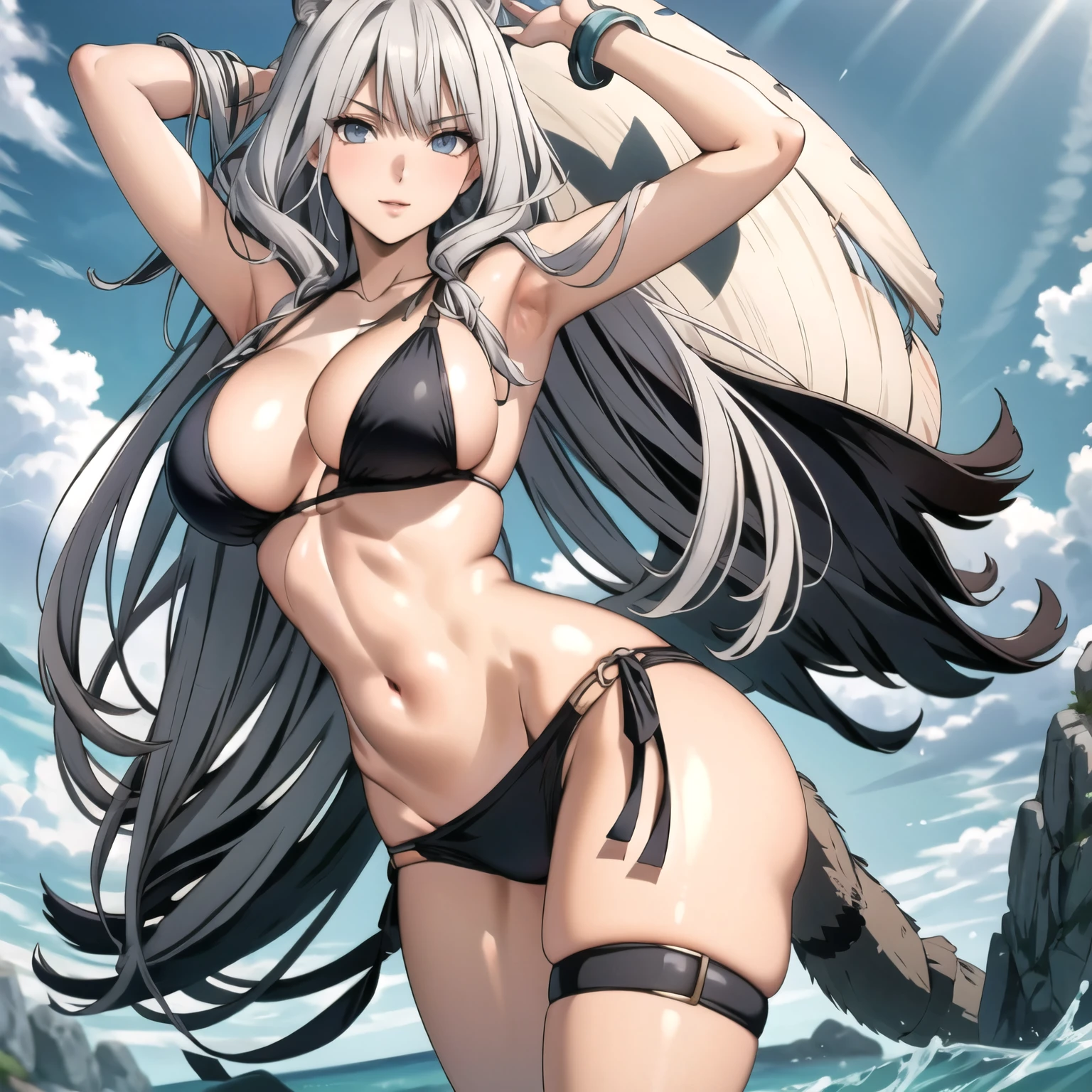 pechos enormes. orejas de tigre blanco, atla. mujer ciega con sus ojos cerrados, orejas de tigre blanco, cabello blanco rayado, sonrisa traviesa mostrando los dientes, pechos grandes bikini negro y blanco. fondo una playa. . cuerpo completo. manos perfectas. pechos grandes. alta calidad.