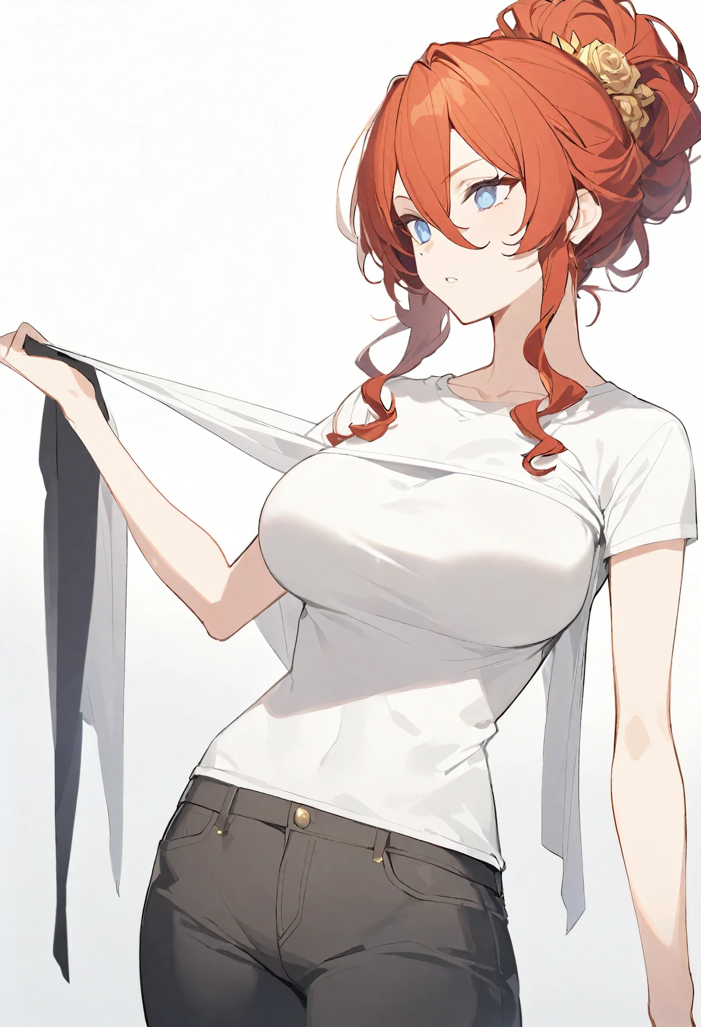 I am Himeko, I am a white-skinned woman with long flowing black hair and light blue eyes. I am 1.67 cm tall and weigh 56 kg,My breasts measure 123cm, my waist 60cm and my hips 90cm. Dressed in a long white t-shirt and short black pants with her hair up.