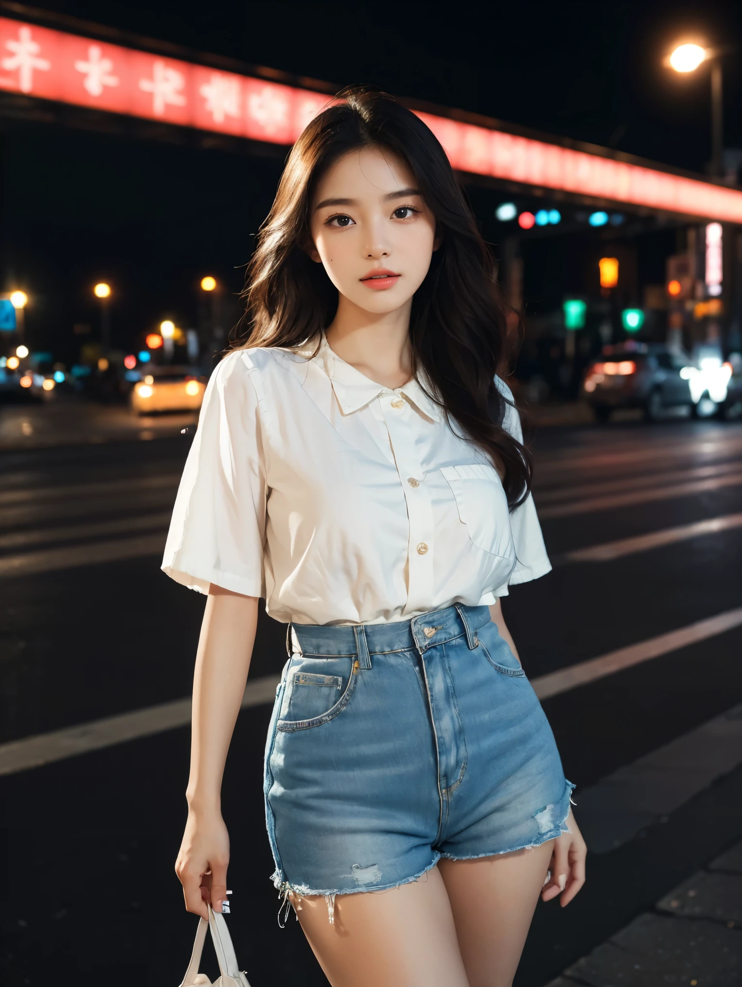 (best quality,16K,high resolution,masterpiece:1.2),Super detailed,(Practical,Reality,Photo-realistic:1.37),Korean fashion beauty,Japanese and Korean beauties,daytime,Cute and innocent,Detailed eyes and face,Beautiful and delicate lips,White Teeth,Long eyelashes,Slimming,fashionable in dressing,shorts skirt,Plump upper circumference,Large Breasts,cleveage,(charming的,charming:1.1),Colorful street background,Fashion Clothing and Accessories,The fabric of the clothes is smooth,Portrait Style Photography,Bright colors,Street Lights.