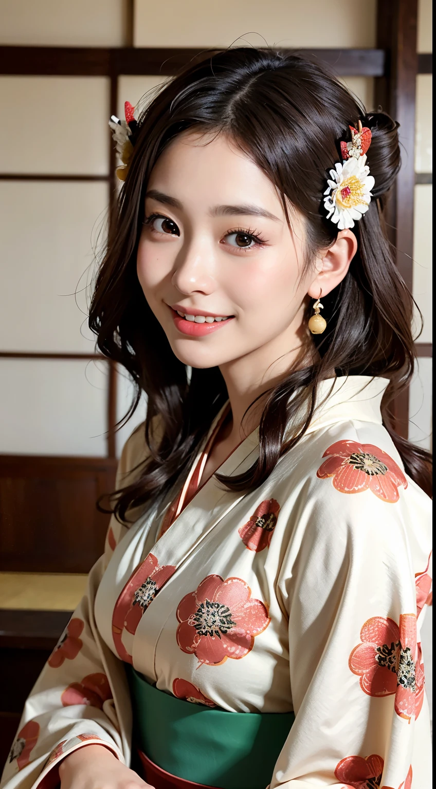 highest quality、Face Focus、(Depth of written boundary)、超A high resolution、(Photorealistic:1.4)、Raw photo、Traditional Japanese room、alcove、scroll
(Portrait:1.4)
1 Japanese girl, solo, cute, Laughter, (Brown eyes), Natural Face, (Midi Hair),hair ornaments
(kimono:1.5)