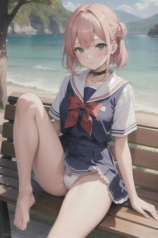 highest quality、Super Resolution、8K,(masterpiece:1.3), (Absurd:1.3), (highest quality:1.3), (Very detailed:1.3), One girl, View your viewers, smile, Outdoor,Photographed from the perspective of looking up at her feet, Summer sailor uniform,ailor collar,、Sit on a bench、She spreads her legs and shyly shows her panties、She shows off her white frilly panties to the viewers.、