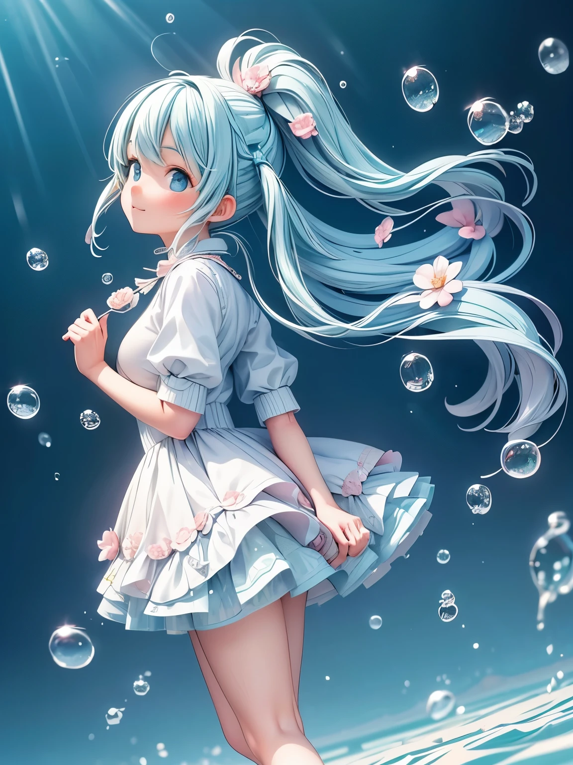 (masterpiece、highest quality、highest quality、Official Art、Beautiful and beautiful:1.2)、(One girl:1.3)Hatsune Miku、Twin tails,Big Breasts,(masterpiece), (highest quality), (Very detailed), (Disheveled Hair), (figure), (One girl), (Fashionable clothes), Are standing, Fashion Model, Looking at the audience, (interview ), (Simple Background), Beautiful Eyes, delicate beauty, floating, (High saturation), (Colorful splashes), Colorful bubbles, (Shine), Focus on the face, ponytail, Ayaka Kamisato, Light blue hair , bangs, Hair Ring, Floating Flowers, Floating Hair, (The Shining), Best lighting, Best Shadow,