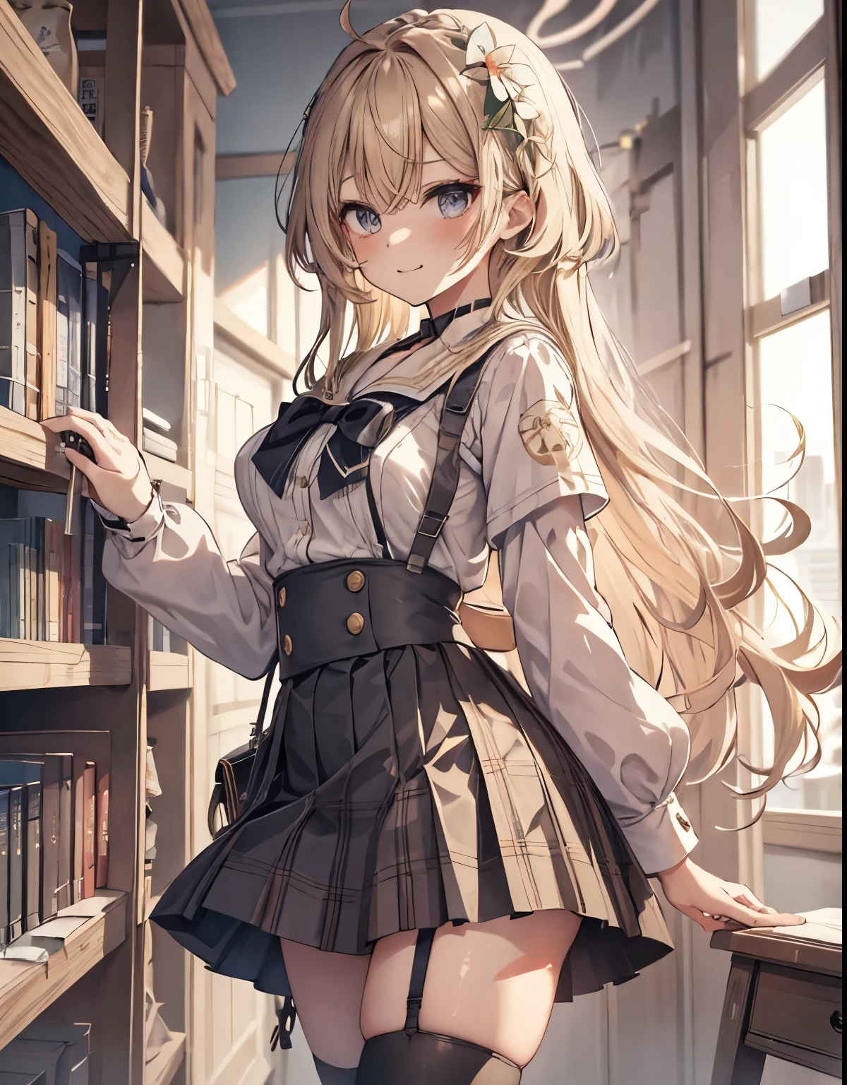 masterpiece, 1girl, sparrow, a blonde haired girl, wearing a sailor clothes, curly long hair, messy hair, slim body, he close her left eye, shirt ornament, ruby eyes, ahoge, baby face, bige breast, beautiful breasts, rounded breasts, long sleeves, beautiful eyes, white stocking, droopy eyes, skirt, black skirt, plaid skirt, her age is 19 years old, ricefield, bowtie, sailor collar, flared skirt, tight shirt, skirt, nagisa_bluearchive, lovely face, medium hair, angry face, curly hair, nurse cap, library, view from back, miniskirt, gyaru, smiley face, grin, pleated skirt, ass focused