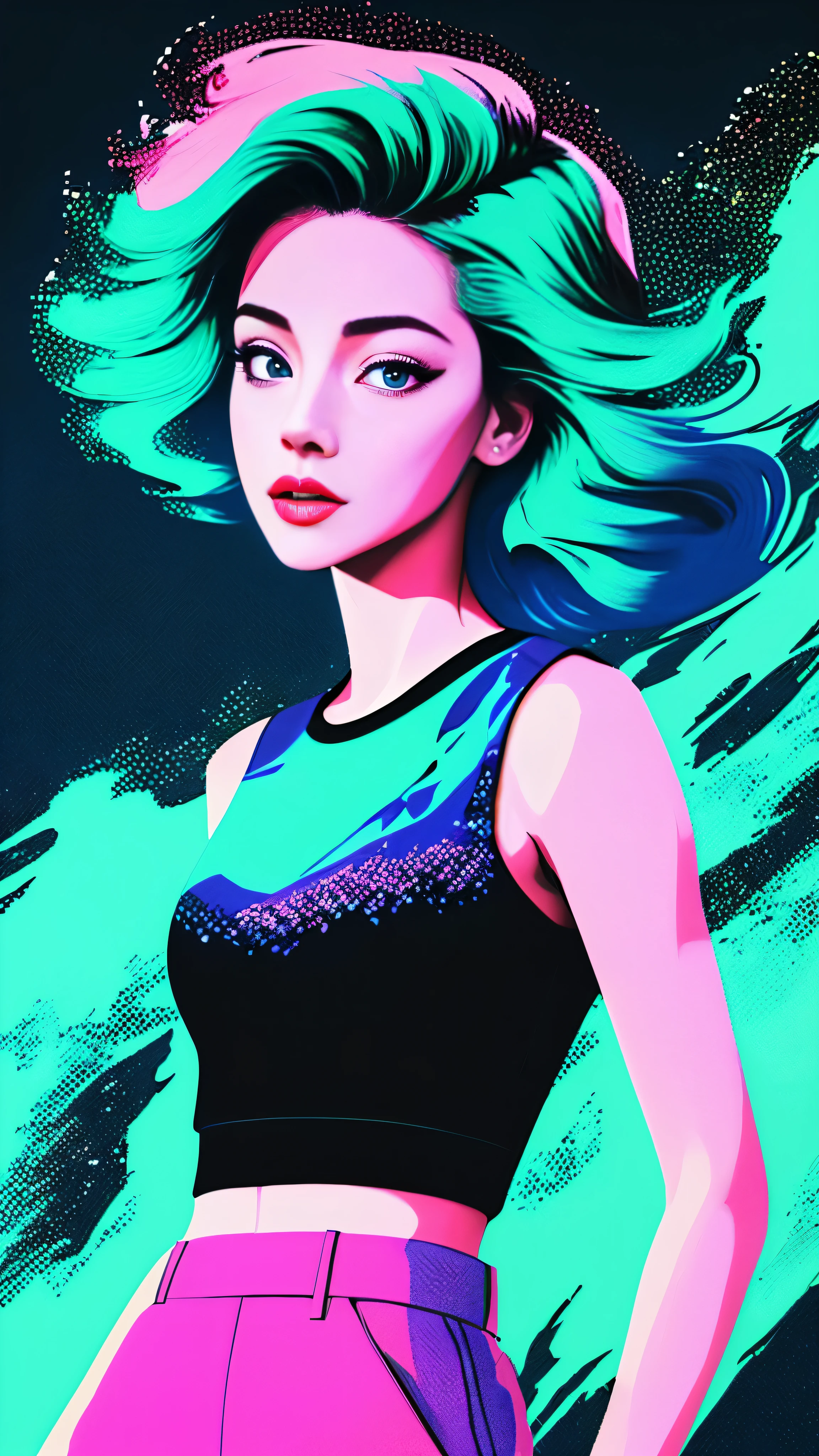 samdoesarts style award-winning half body portrait of a beautiful woman in a croptop and cargo pants, with an ombre navy blue teal hairdo in motion, hair flying, and paint splashes and splatters. This captivating digital artpiece showcases the vaporwave aesthetic with outrun influences, creating a shaded flat illustration that is both trending on ArtStation and highly detailed. The fine detail and intricate shading bring this beautiful figure to life, making it a true masterpiece in the world of digital art.