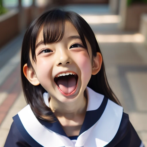 Japanese,,Summer Sailor Uniform,mini skirt,whole body,Look Up,Looking up,Cross-eyed,Open your mouth wide,Sticking out tongue,Showing tongue,cute