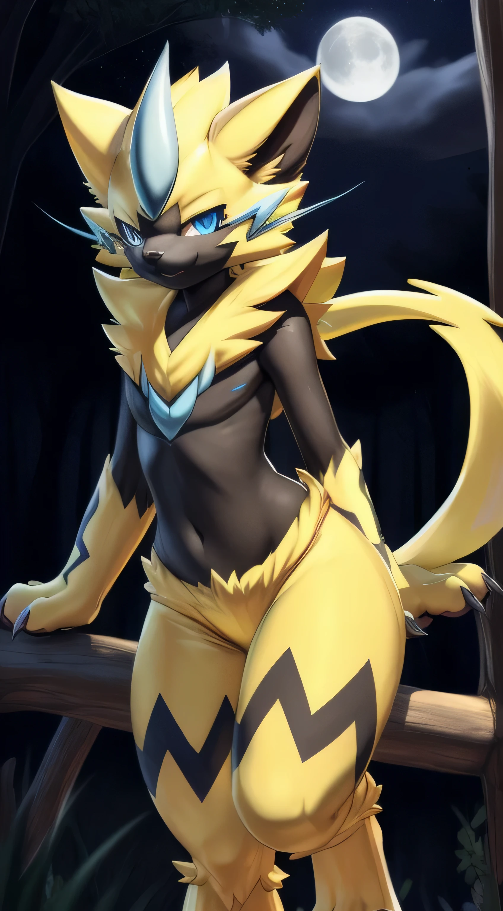 by zackary911, zackary911, (((zeraora, anthro, extremely detailed, extremely detailed legs, extremely detailed arms, extremely detailed face, perfectly detailed eyes, ultra-detailed hands)): solo, curved thighs, curving, looking at the viewer,  mischievous view, blue eyes, night, forest background, moon, casual outfit, two paws, short and sharp claws