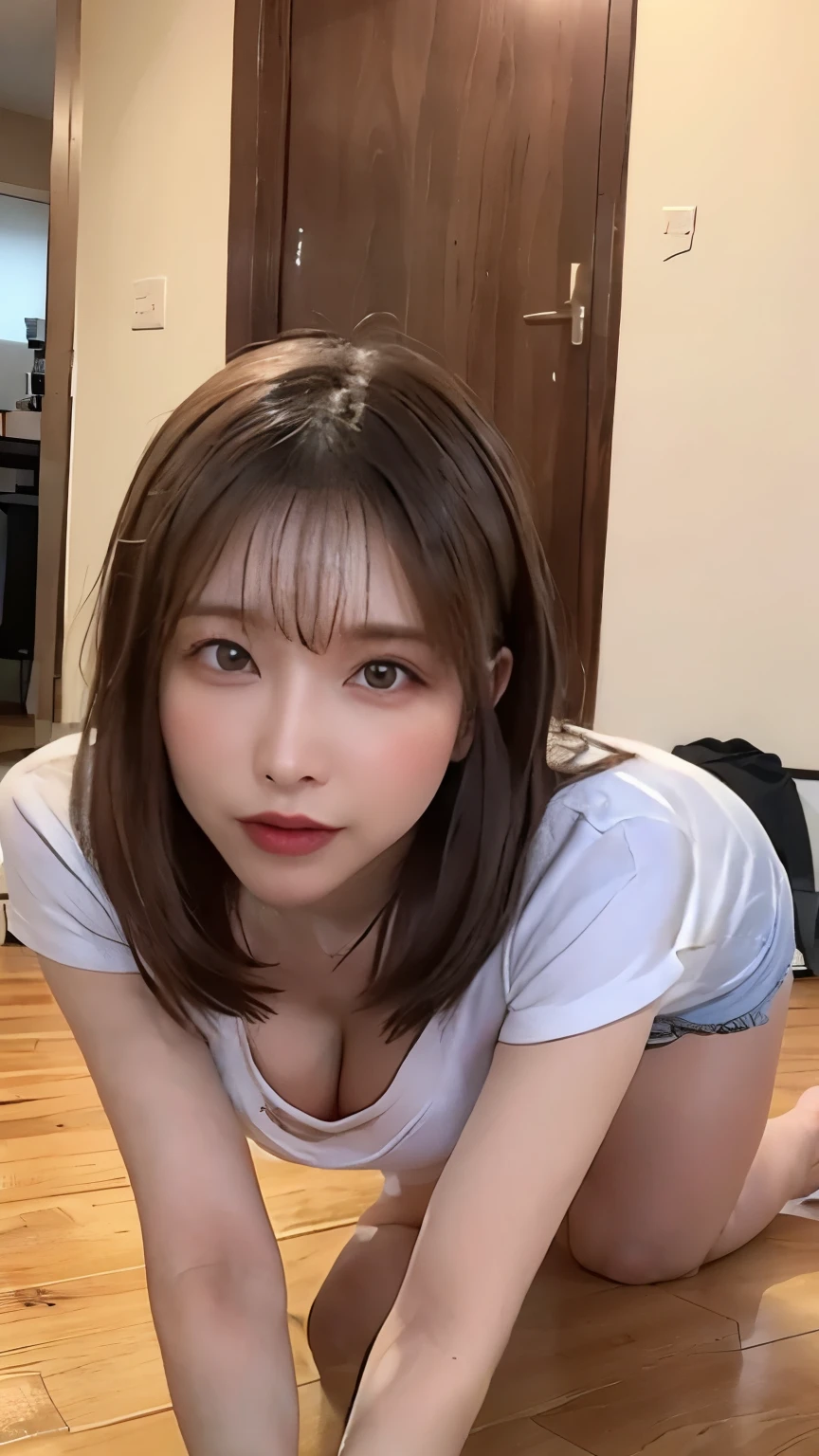 (8k、RAWE Photo、highest quality、masterpiece:1.2)、日本人woman、Age 25、woman、((Inside the house))、((Cleaning the floor))、Bright room、Dark brown hair、ponytail、,Sharp Face、Detailed face、double eyelid、Large Breasts、((White T-shirt))、((Denim skirt))、、(Camel Toe)、Perfect body、slouch、Pink underwear,(((all fours)))