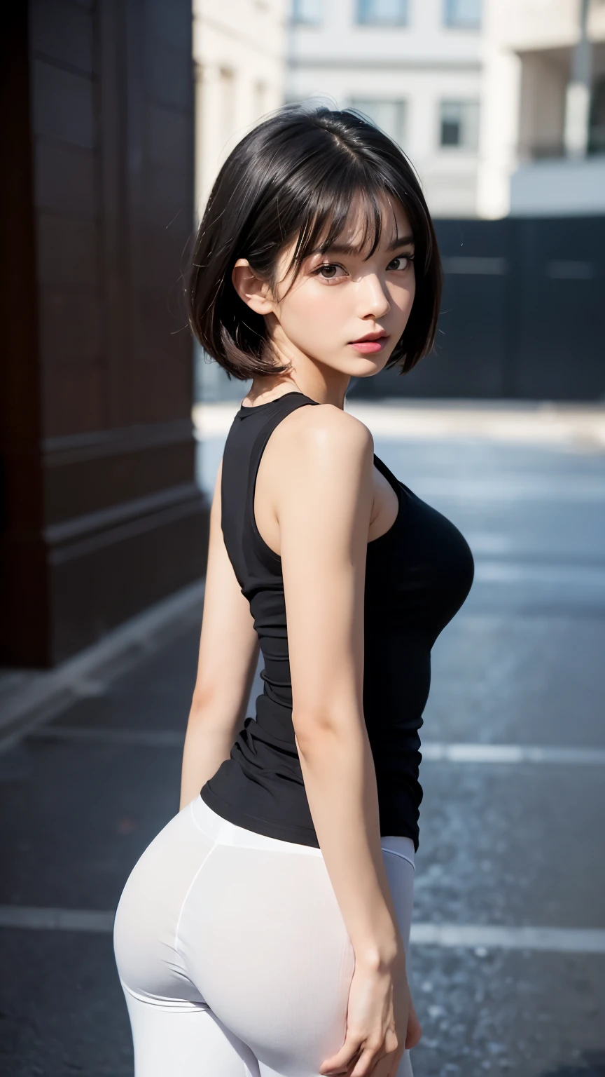 (((Backwards:2.0, Face your buttocks towards the camera:2.0, Accentuate your butt:2.0))), ((Clothing:1.8)), (((Panty shaped shadow:2.0, Black long sleeveless T-shirt:2.0, White track pants:2.0))), 1 Girl, solo, ((Medium Hair:1.2, A grin:1.2)), 18-year-old, 7 heads, Ideal body proportions, Black Hair, With bangs, Small breasts, slender, Small Ass, Beautiful feet, Skinny Legs, Surrealism, Cinematic Lighting, Depth of written boundary, First Person View,  F/1.8, 135mm, Ticker, Mastepiece, Curate, ((Anatomically correct:1.3)), Textured skin, Super Detail, High detail, High quality, Awards, Best Quality, High resolution, 8K
